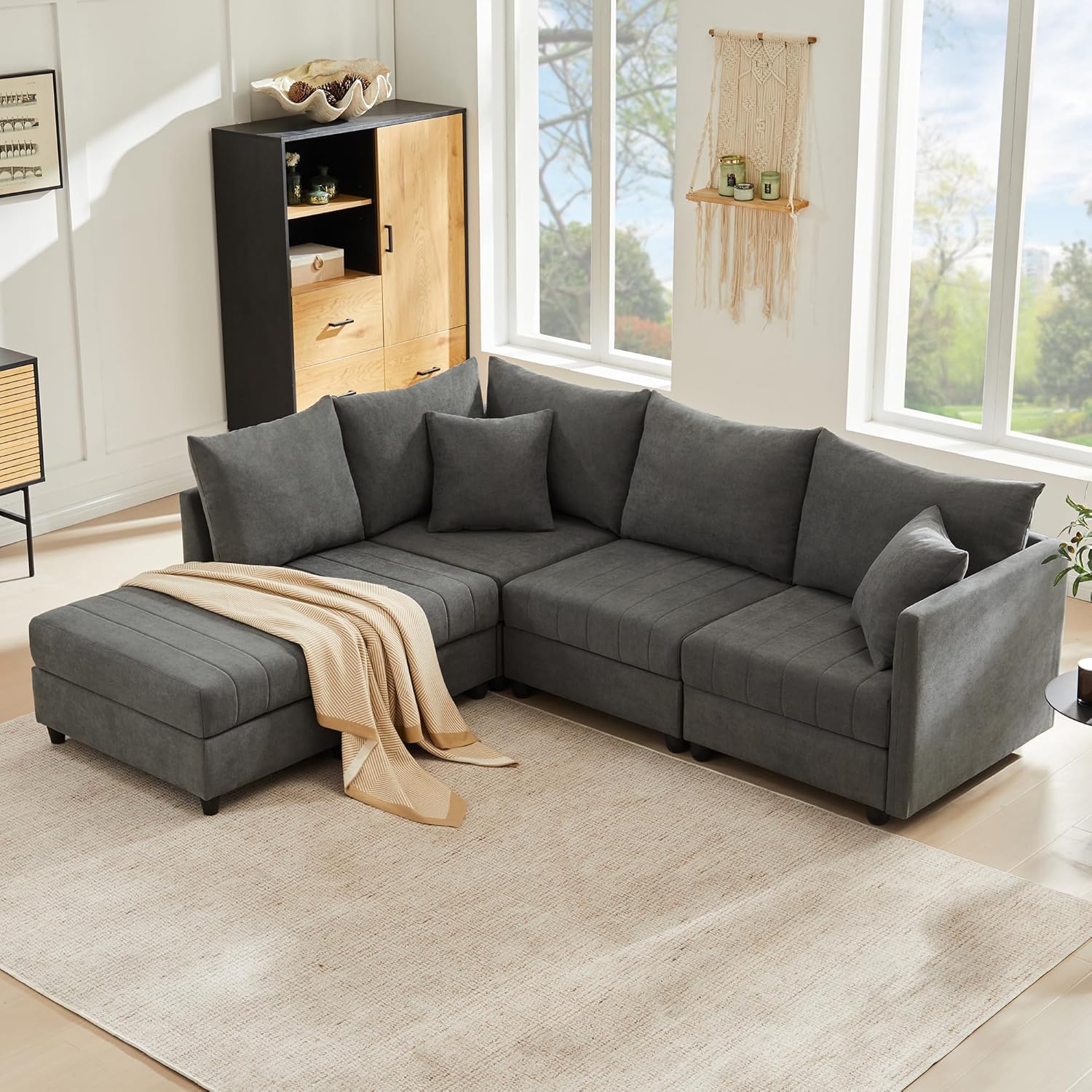 Merax Ecksofa Modulares 5-Sitzer Sofa mit multifunktionalem Fußhocker (L/U-Form), Atmungsaktive Baumwolle-Leinen-Kombi, Modernes Vertikalstreifen-Design, Premium Komfort, Raumsparend & Wandelbar, Grau