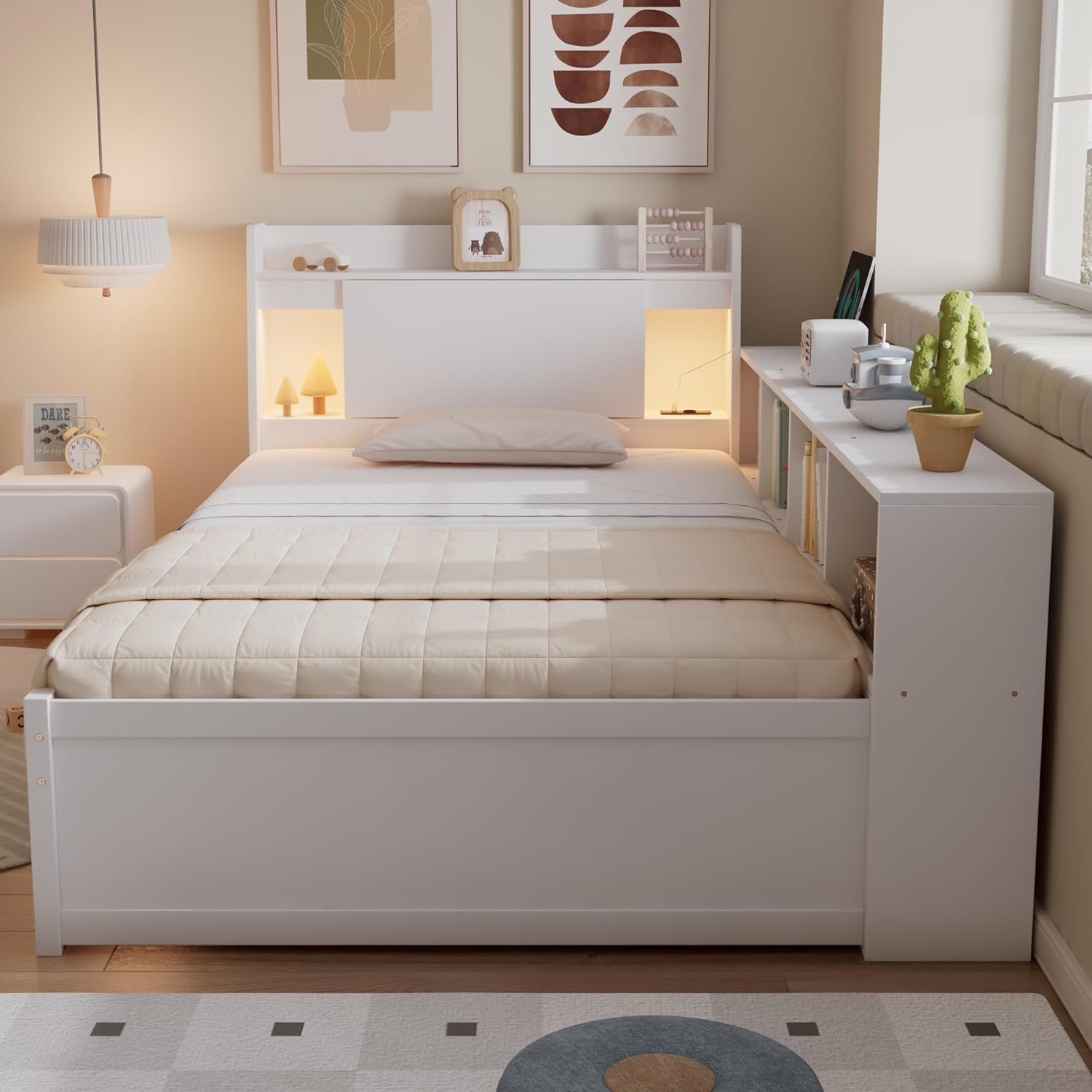 Merax Einzelbett 90x200 cm mit Stauraum, Paneelbett mit Kopfteil und Ablagefach, seitlichen Schränken und Schubladen, LED Leuchten und Ladebuchse,Weiß — Ansicht 3