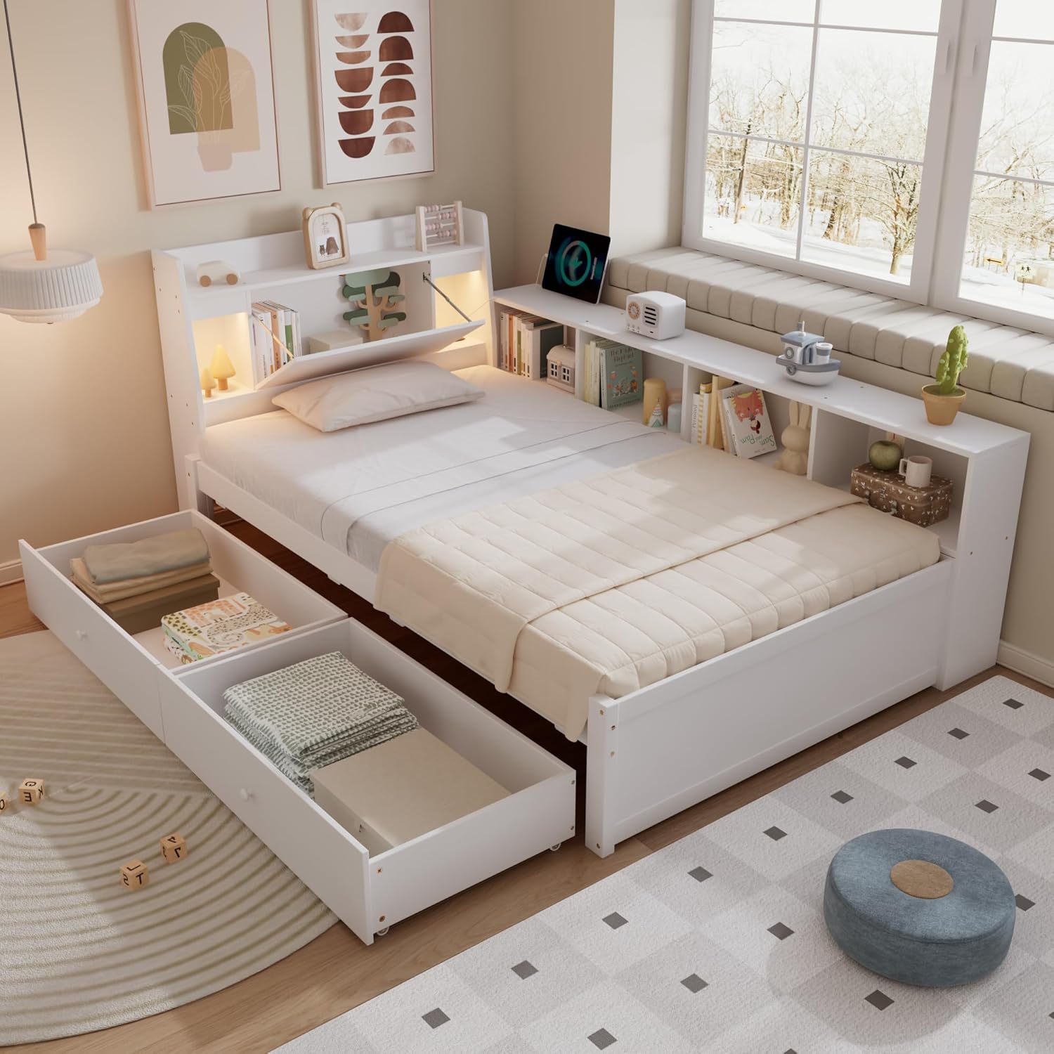 Merax Einzelbett 90x200 cm mit Stauraum, Paneelbett mit Kopfteil und Ablagefach, seitlichen Schränken und Schubladen, LED Leuchten und Ladebuchse,Weiß