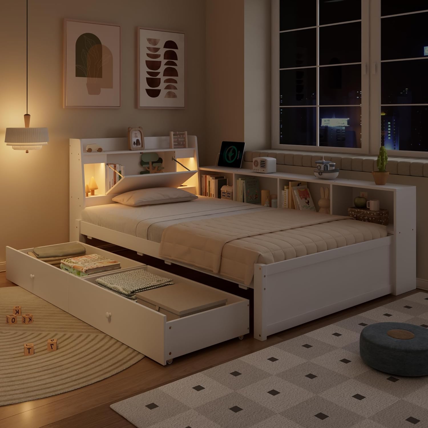 Merax Einzelbett 90x200 cm mit Stauraum, Paneelbett mit Kopfteil und Ablagefach, seitlichen Schränken und Schubladen, LED Leuchten und Ladebuchse,Weiß — Ansicht 4