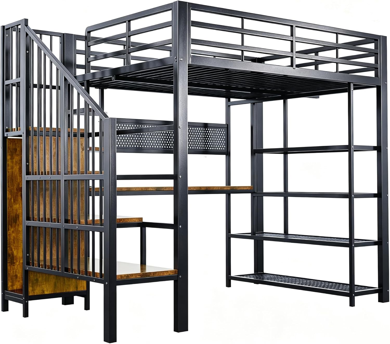 Merax Eisen-Hochbett 140x200 cm mit langem Schreibtisch, Lochwand, Steckdose, LED, mehrstöckigen Ablagefächern – Schwarz (Ohne Matratze) — Ansicht 5