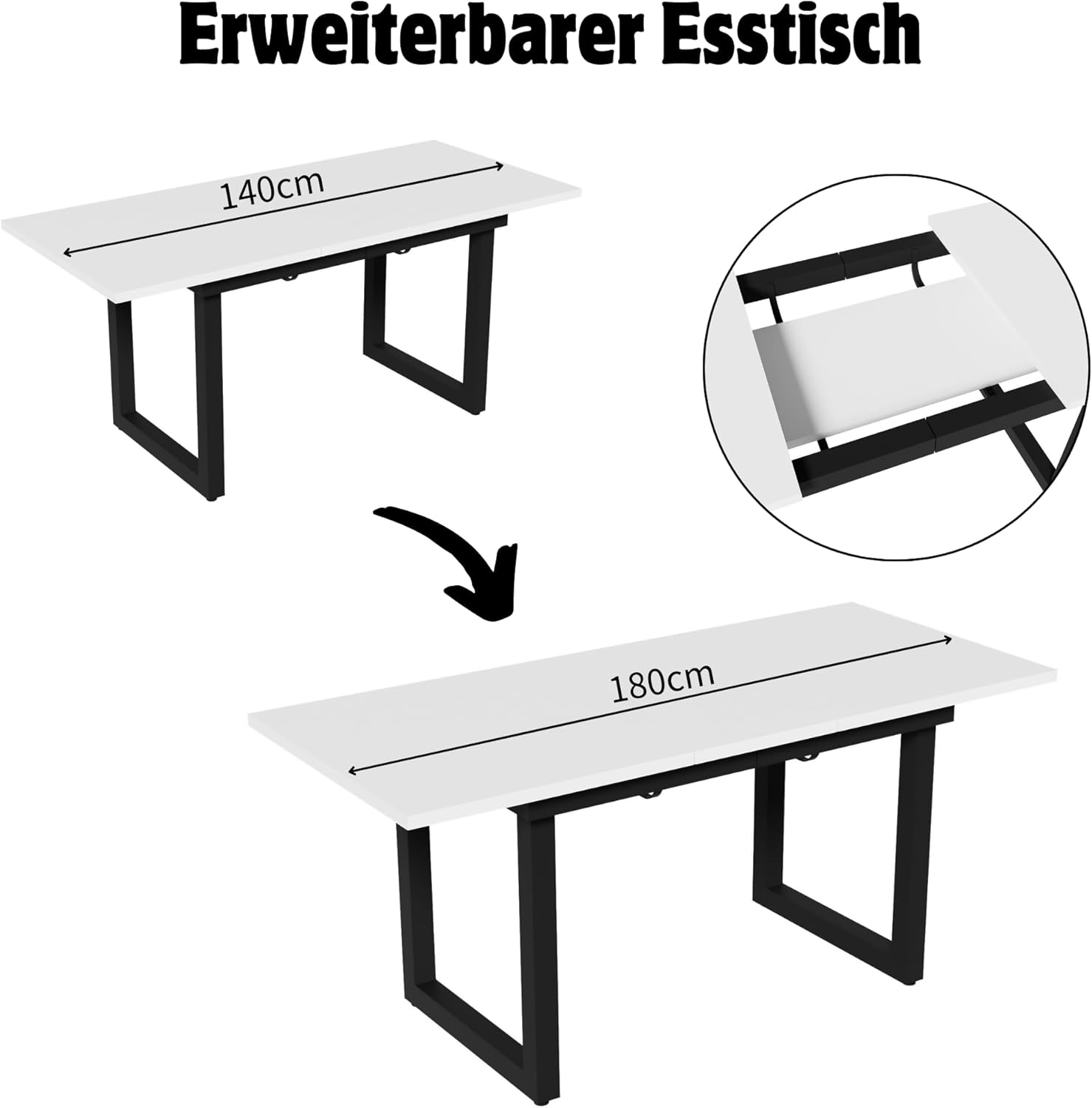 Merax Esstisch 140/180x80x75cm, Ausziehbar Esszimmertisch mit Tischbeine aus Metall, Rechteckiger Küchentisch für Wohnzimmer und Esszimmer, Weiß — Ansicht 4