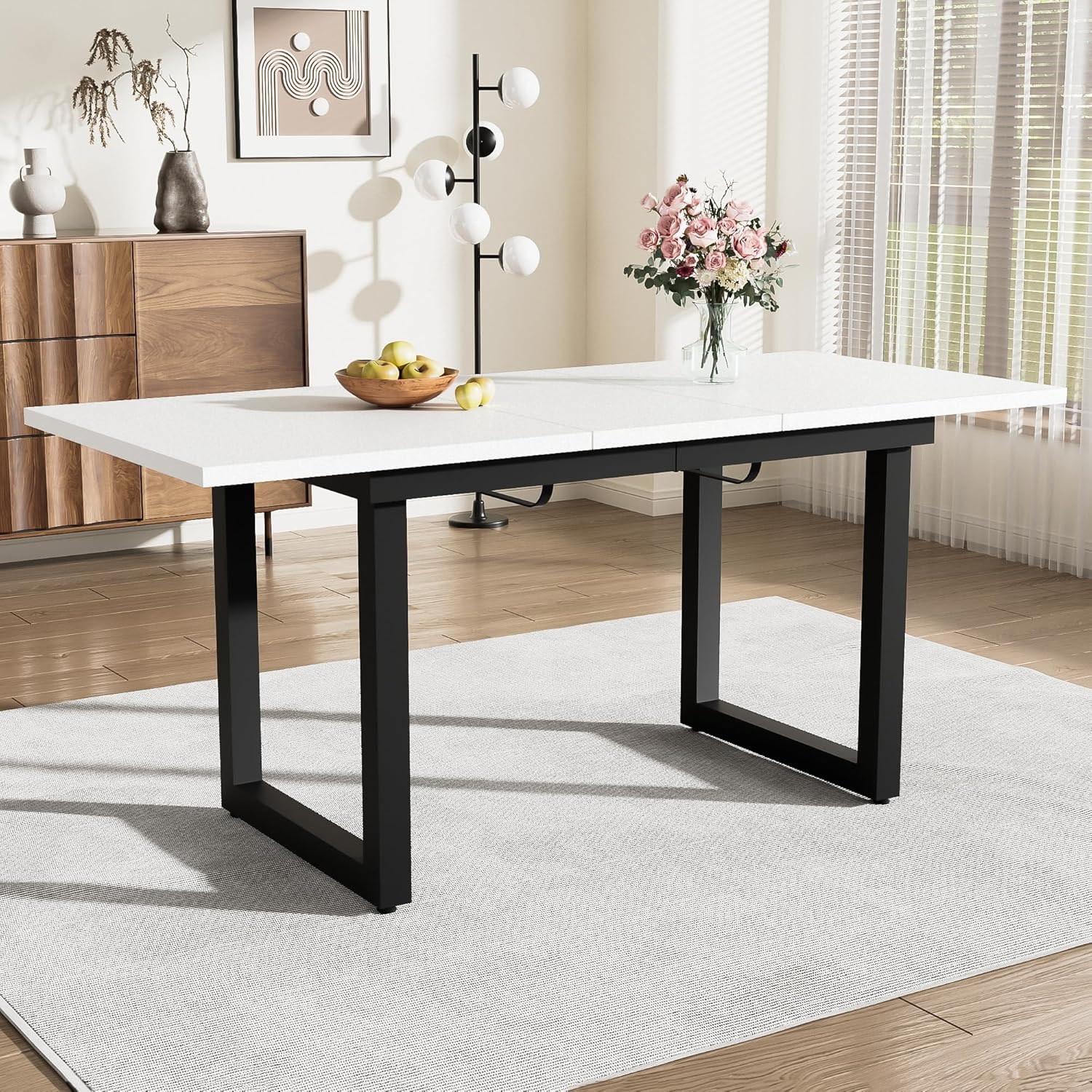 Merax Esstisch 140/180x80x75cm, Ausziehbar Esszimmertisch mit Tischbeine aus Metall, Rechteckiger Küchentisch für Wohnzimmer und Esszimmer, Weiß