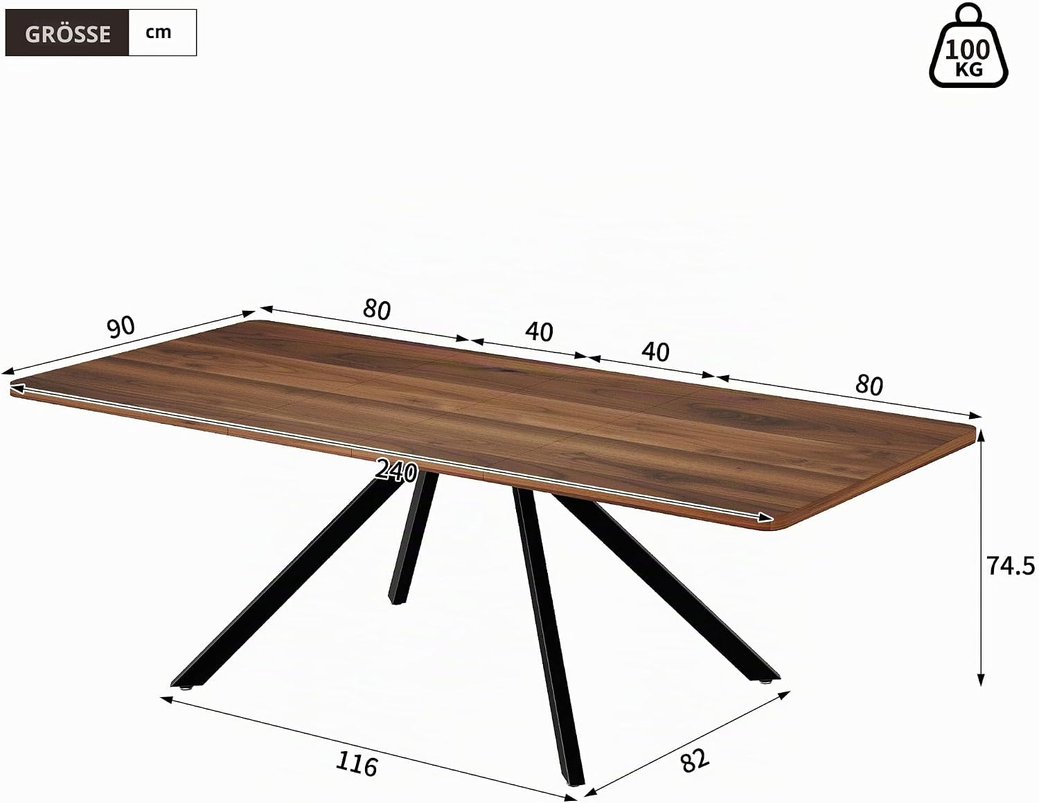 Merax Esstisch ausziehbar 160-200-240 * 90cm, moderner rechteckiger Esstisch für 6-10, extra Breiten verstärkten Schwerlast-Führungen, Metallbeine, für Esszimmer Küche Wohnzimmer, Walnussfarbe — Ansicht 2