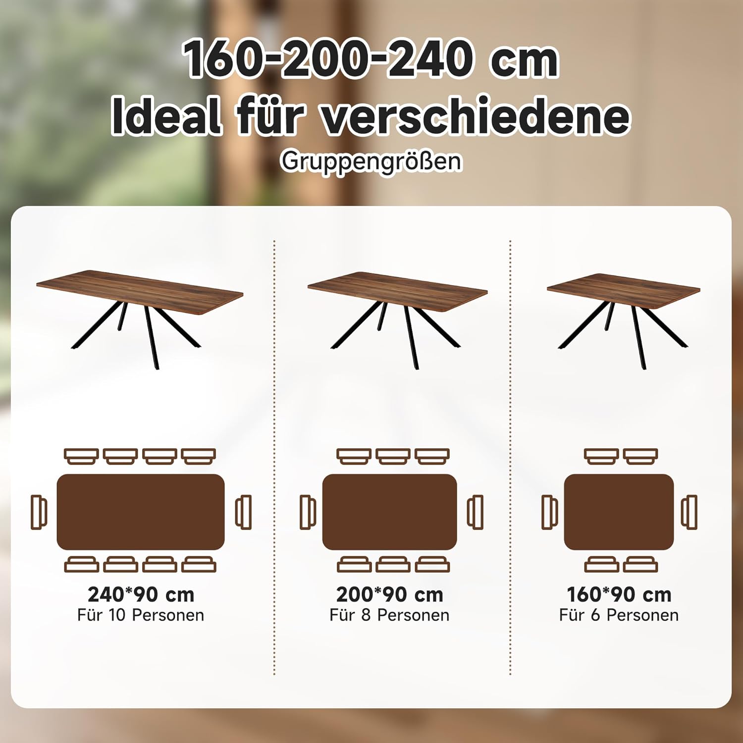 Merax Esstisch ausziehbar 160-200-240 * 90cm, moderner rechteckiger Esstisch für 6-10, extra Breiten verstärkten Schwerlast-Führungen, Metallbeine, für Esszimmer Küche Wohnzimmer, Walnussfarbe — Ansicht 4