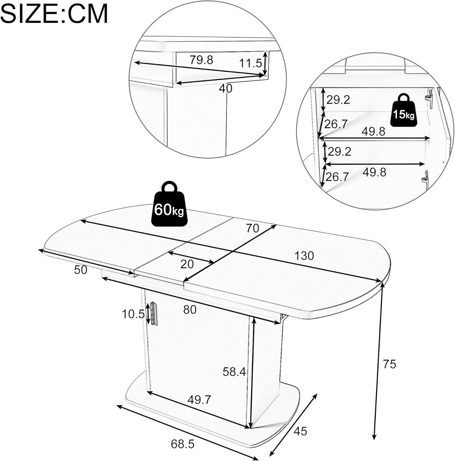 Merax Esstisch Holz, Ausziehbar Esszimmertisch mit Stauraum, Ovaler Küchentisch für Wohnzimmer und Esszimmer, 110/130L x 70B x 75H cm, Weiß — Ansicht 2