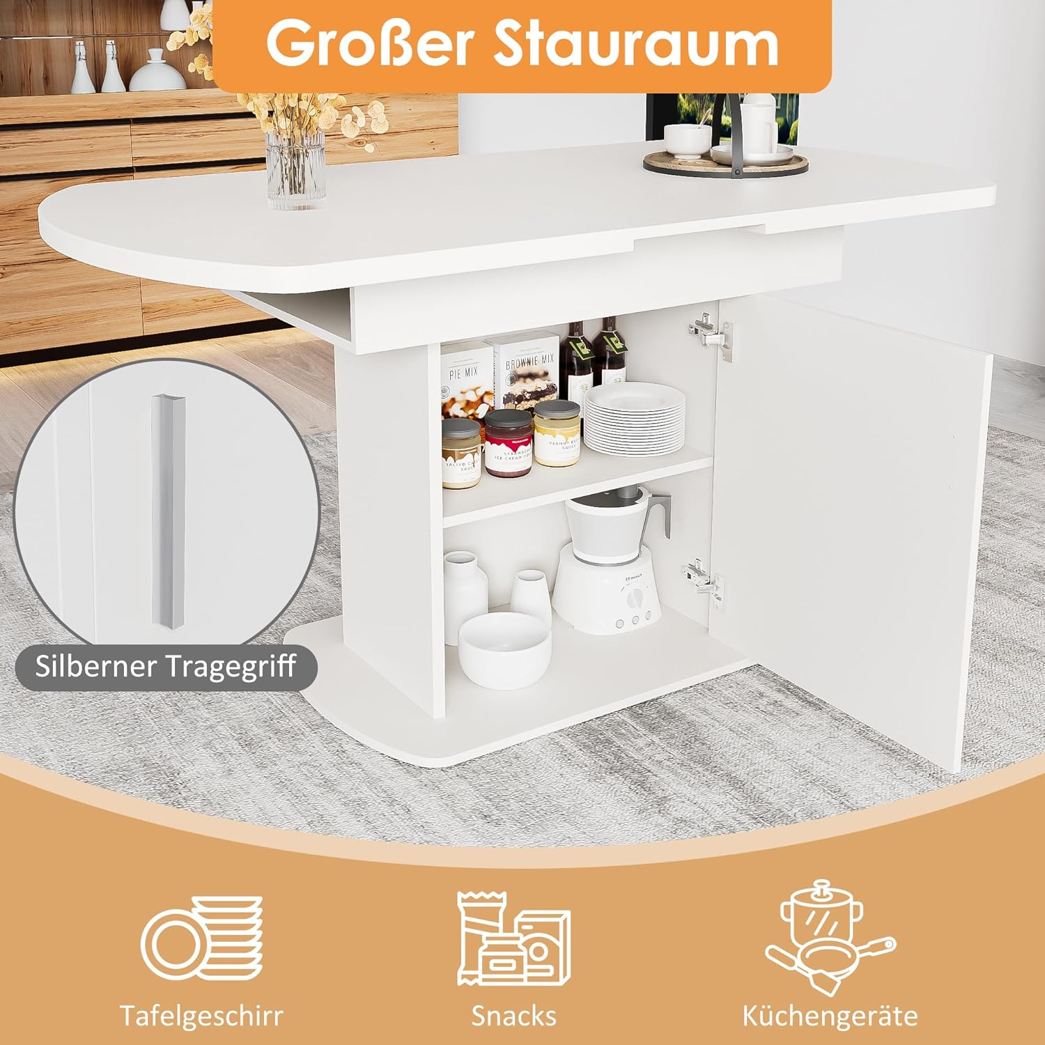 Merax Esstisch Holz, Ausziehbar Esszimmertisch mit Stauraum, Ovaler Küchentisch für Wohnzimmer und Esszimmer, 110/130L x 70B x 75H cm, Weiß — Ansicht 5