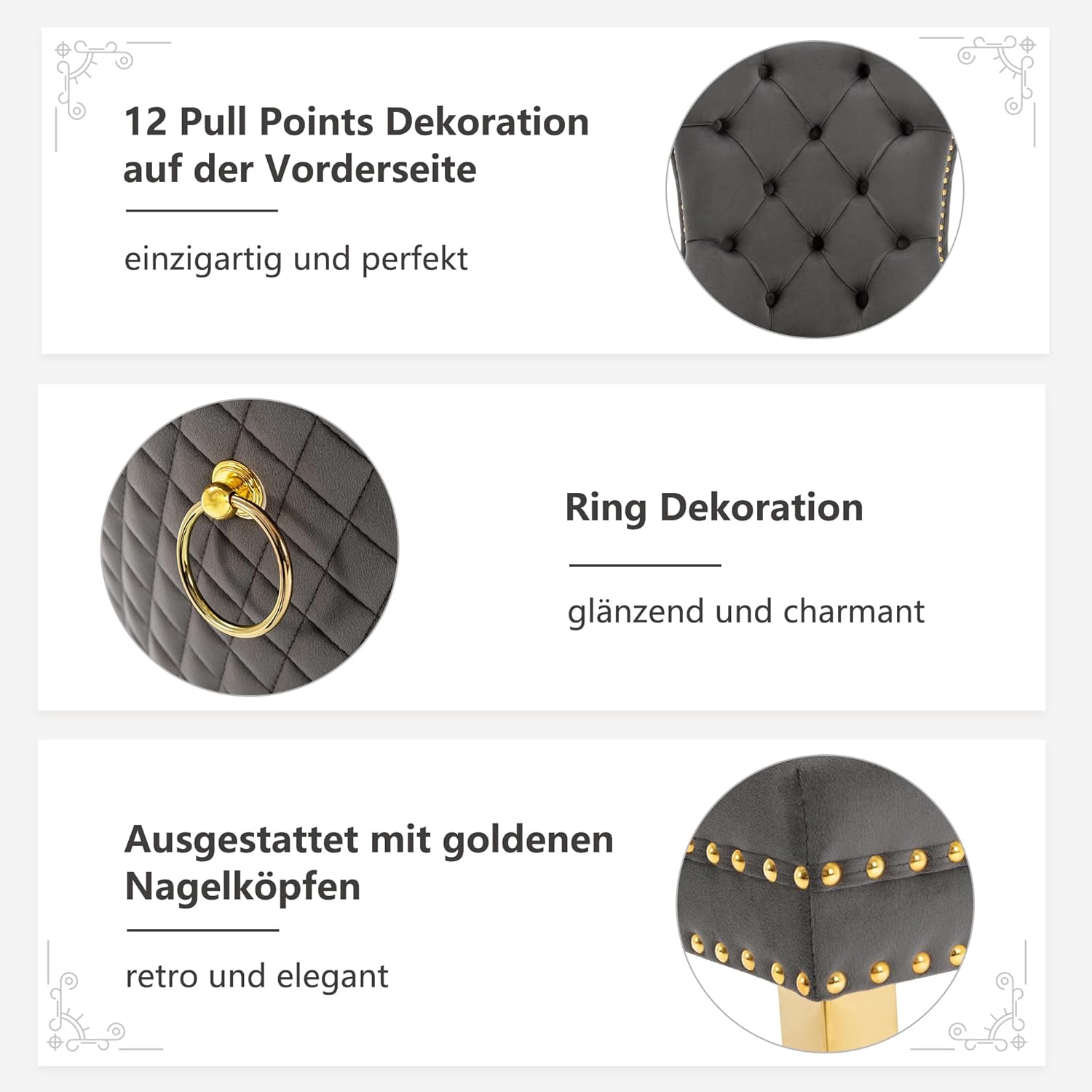 Merax Esszimmerstühle 4er Set, Hoher Rücken, Bequeme Polsterung, Vintage-Samt-Sitzfläche mit Knopfdekoration. Für Büro, Küche, Schlafzimmer, Stützbeine aus Metall, Grau/Gold — Ansicht 4