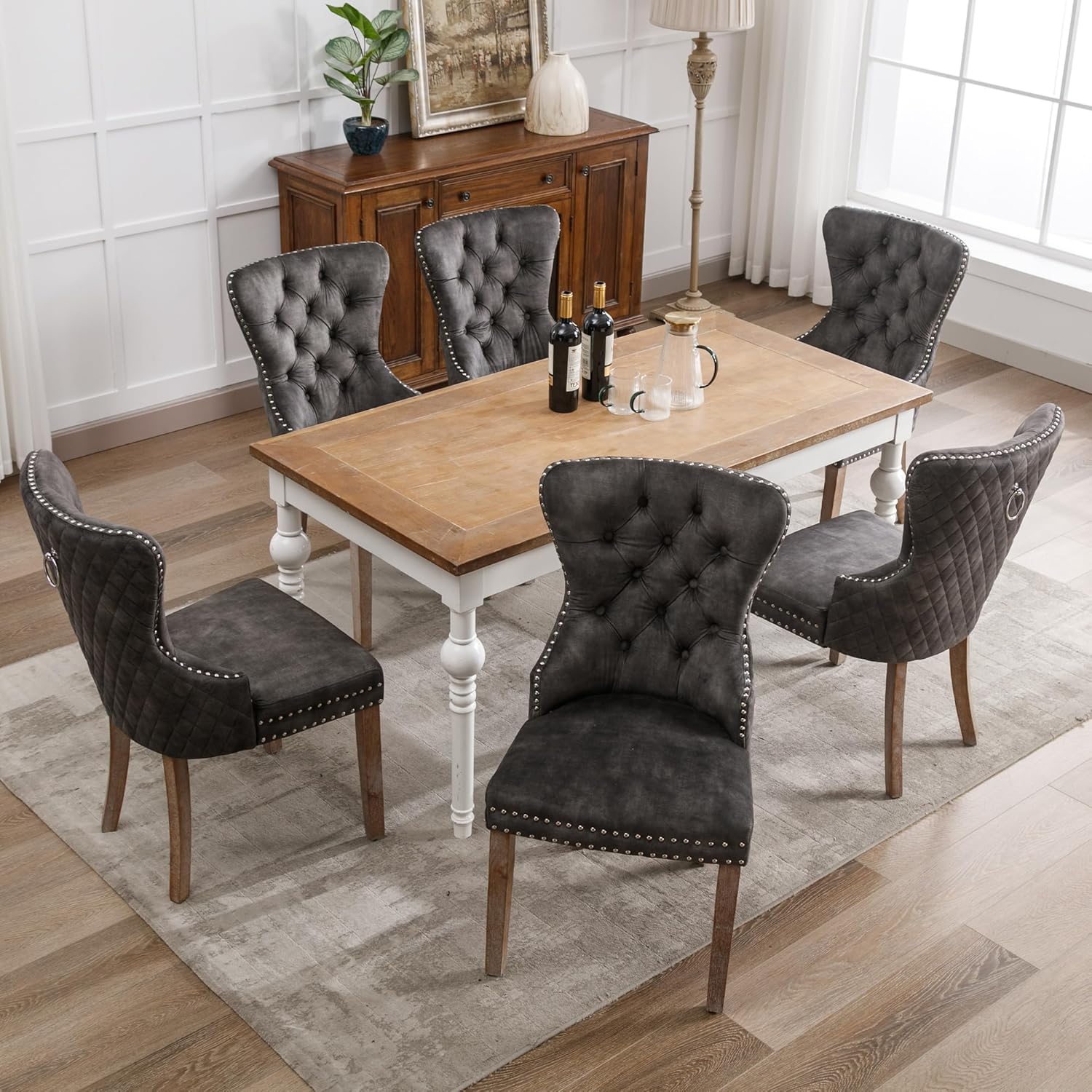 Merax Esszimmerstühle 6er-Set, Küchenstuhl, Polsterstuhl, Dining Chair, Moderne Stuhl aus Samt, Gestell aus Massivholz, Armlehnenstuhl für Esszimmer Wohnzimmer, mit Samtbezug, Grau — Ansicht 3