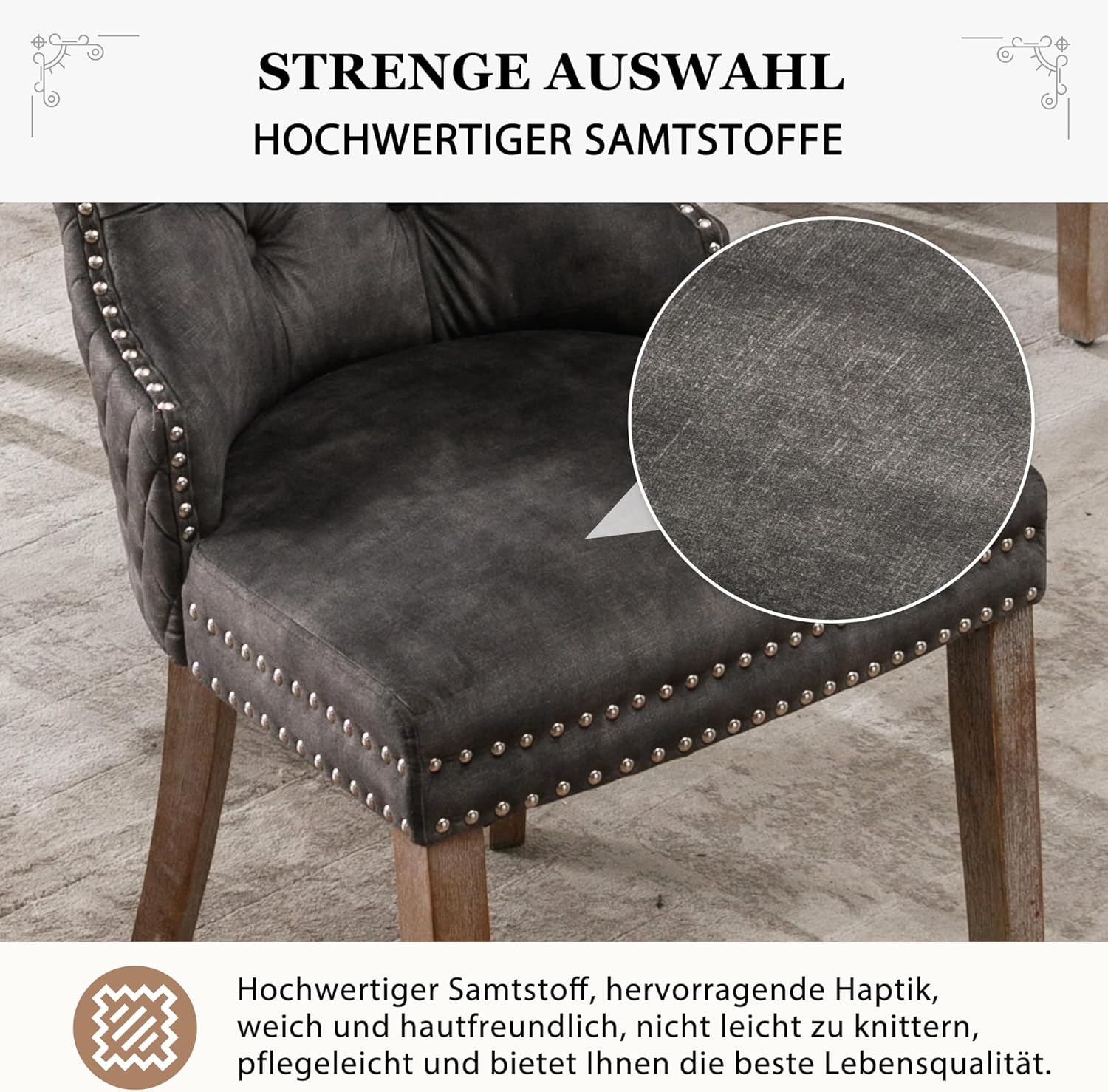 Merax Esszimmerstühle 6er-Set, Küchenstuhl, Polsterstuhl, Dining Chair, Moderne Stuhl aus Samt, Gestell aus Massivholz, Armlehnenstuhl für Esszimmer Wohnzimmer, mit Samtbezug, Grau — Ansicht 5