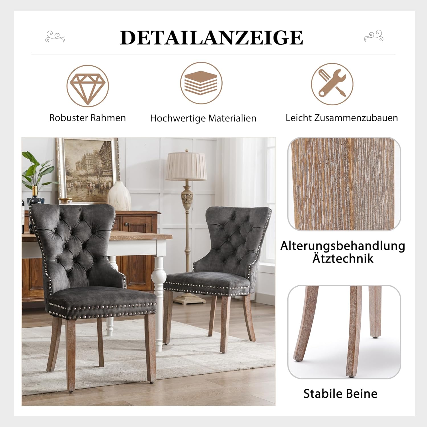 Merax Esszimmerstühle 6er-Set, Küchenstuhl, Polsterstuhl, Dining Chair, Moderne Stuhl aus Samt, Gestell aus Massivholz, Armlehnenstuhl für Esszimmer Wohnzimmer, mit Samtbezug, Grau — Ansicht 6