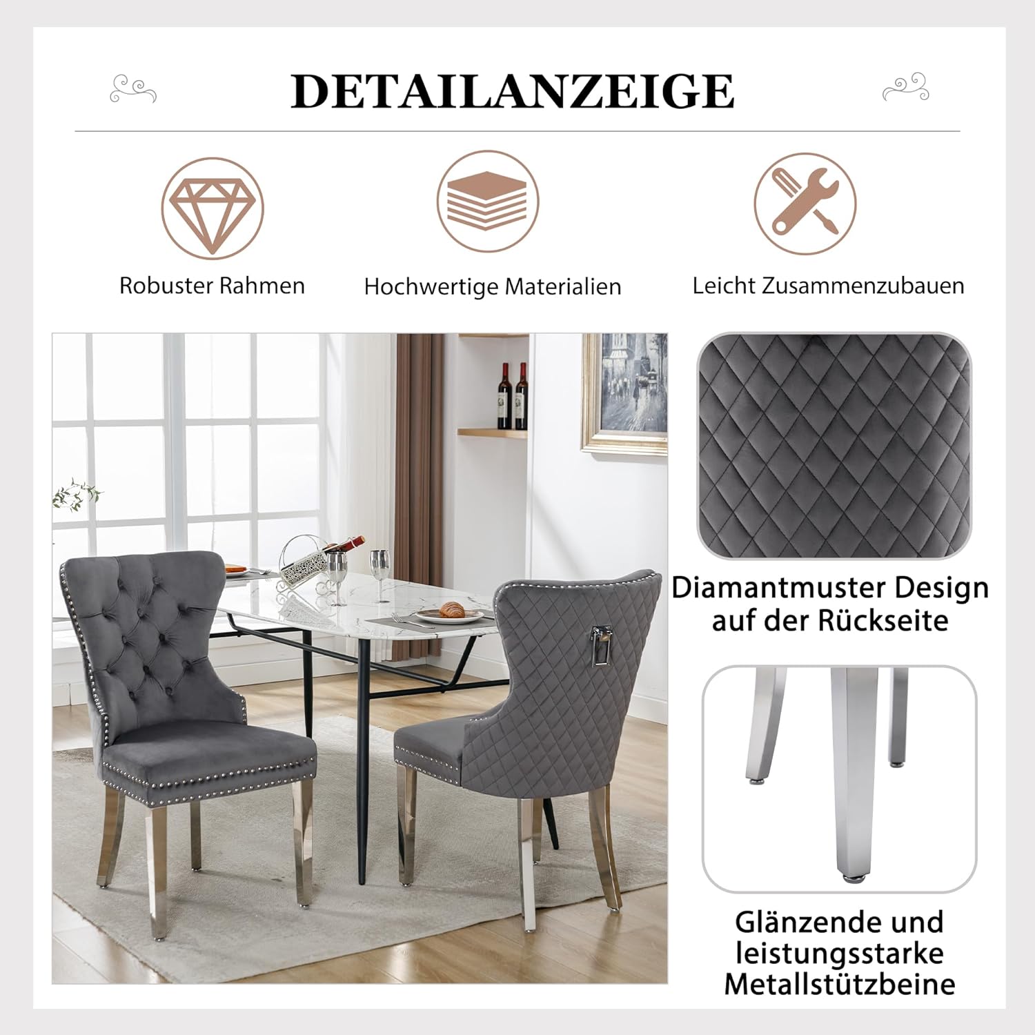 Merax Esszimmerstühle 6er-Set, Küchenstuhl Wohnzimmerstuhl Polsterstuhl Esstisch Stühle, Stützbeine aus Metall, mit einzigartigem Türklopfer auf der Rückseite, mit Samtbezug, Grau — Ansicht 4