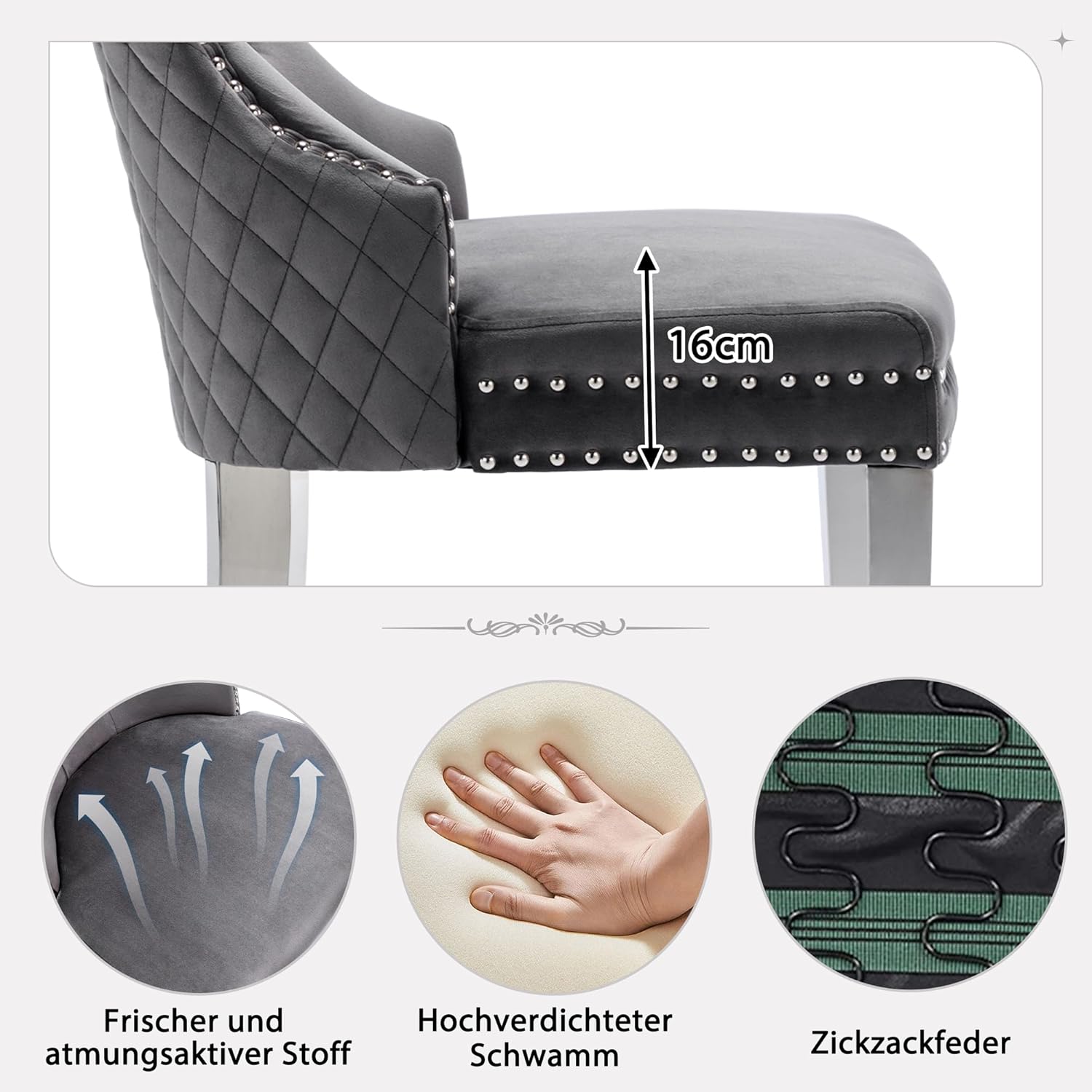 Merax Esszimmerstühle 6er-Set, Küchenstuhl Wohnzimmerstuhl Polsterstuhl Esstisch Stühle, Stützbeine aus Metall, mit einzigartigem Türklopfer auf der Rückseite, mit Samtbezug, Grau — Ansicht 5