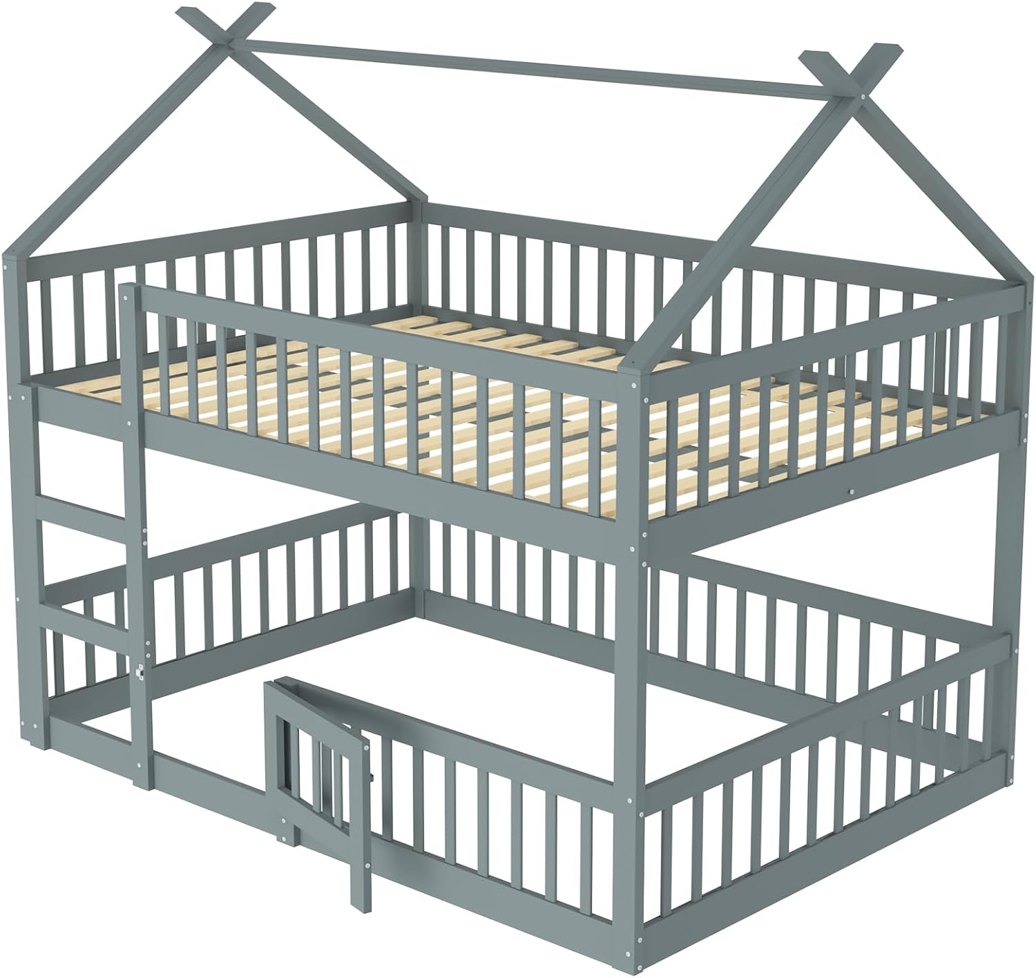 Merax Etagenbett 140 x 200 cm, multifunktionales Etagenbett für Kinder, Hütte mit Treppe, Massivholz, Grau (ohne Matratze) — Ansicht 4