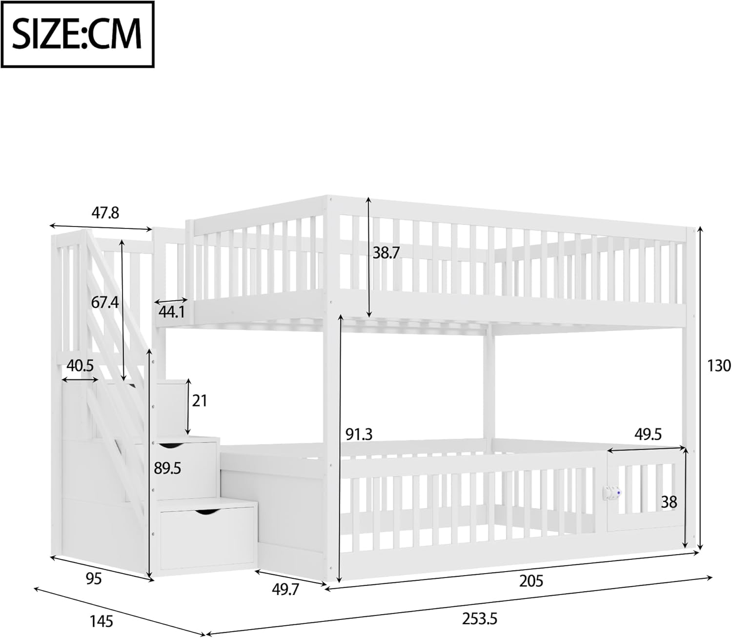 Merax Etagenbett 140x200 cm, Kinderbett mit Sicherheitstreppe, Holzeinzelbett mit Stauraumbett für Kinder und Jugendliche, Multifunktional, Platzsparend, Holzstruktur, Weiß (Ohne Matratze) — Ansicht 2