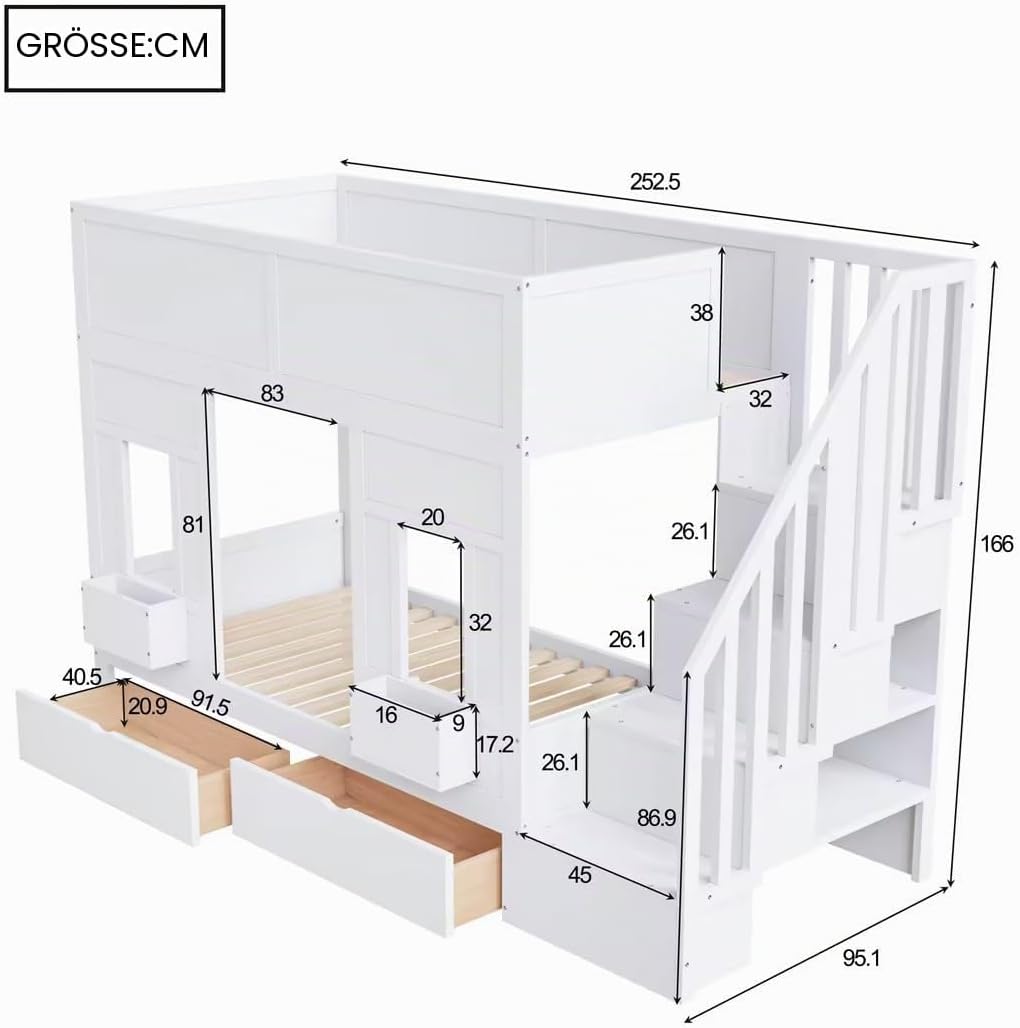 Merax Etagenbett 90x200 cm, mit Stauraumtreppe und Schubladen, Hochbett mit Fensterdesign, Holzgestell mit Sicherheitsgeländer, platzsparendes Kinderbett für Jungen und Mädchen, Weiß (Ohne Matratze) — Ansicht 2