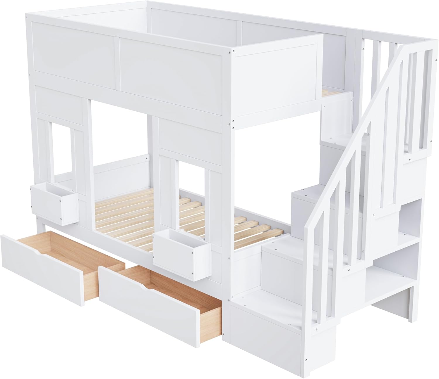 Merax Etagenbett 90x200 cm, mit Stauraumtreppe und Schubladen, Hochbett mit Fensterdesign, Holzgestell mit Sicherheitsgeländer, platzsparendes Kinderbett für Jungen und Mädchen, Weiß (Ohne Matratze) — Ansicht 5