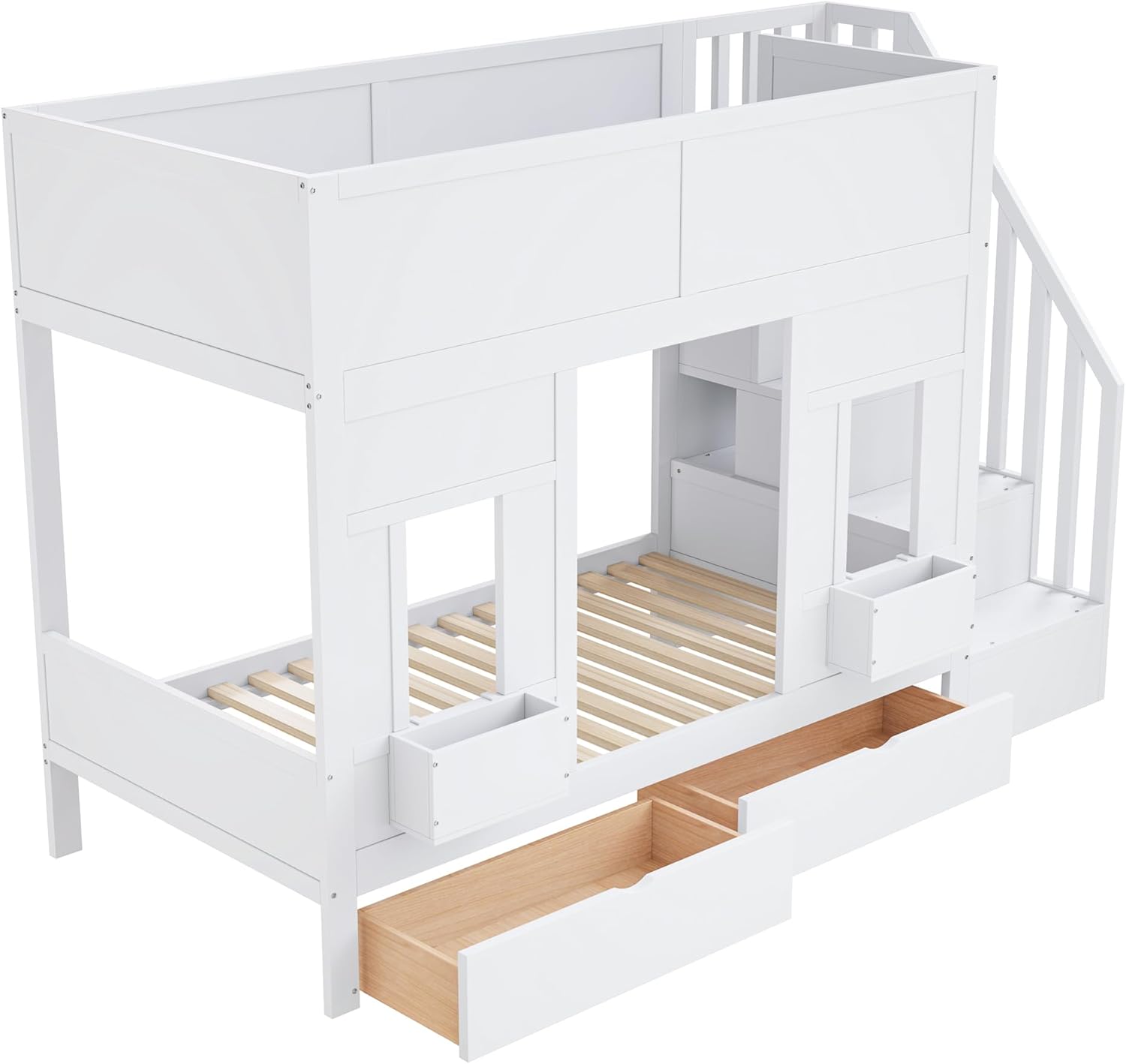 Merax Etagenbett 90x200 cm, mit Stauraumtreppe und Schubladen, Hochbett mit Fensterdesign, Holzgestell mit Sicherheitsgeländer, platzsparendes Kinderbett für Jungen und Mädchen, Weiß (Ohne Matratze) — Ansicht 6