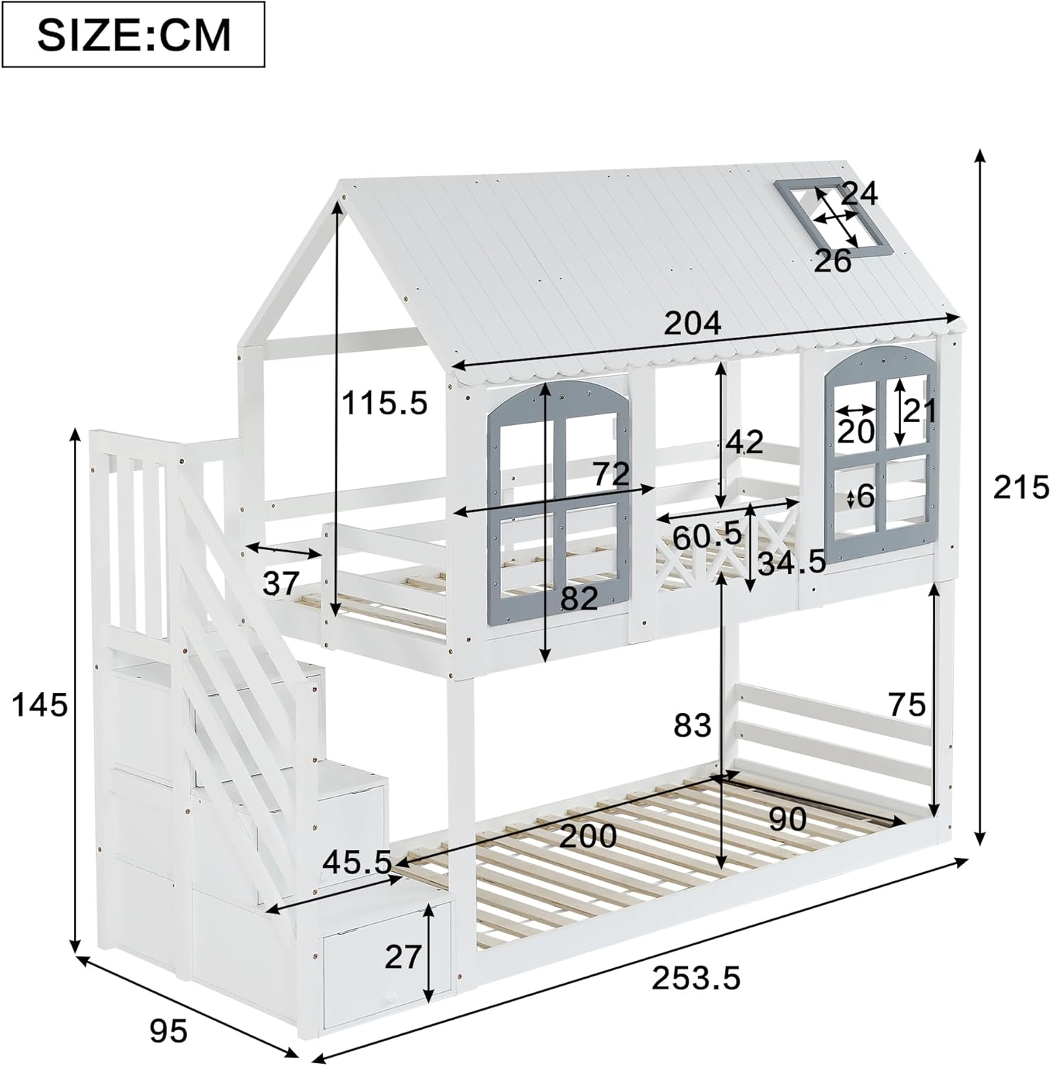 Merax Etagenbett 90x200cm, Kinderbett Hochbett für 2 Kinder, Baumhausbett mit Rausfallschutz & Lattenrost, Hausbett mit Dach & Fenster, Platzsparendes Stockbett mit Stauraumtreppe, Jugendbett, Weiß — Ansicht 2