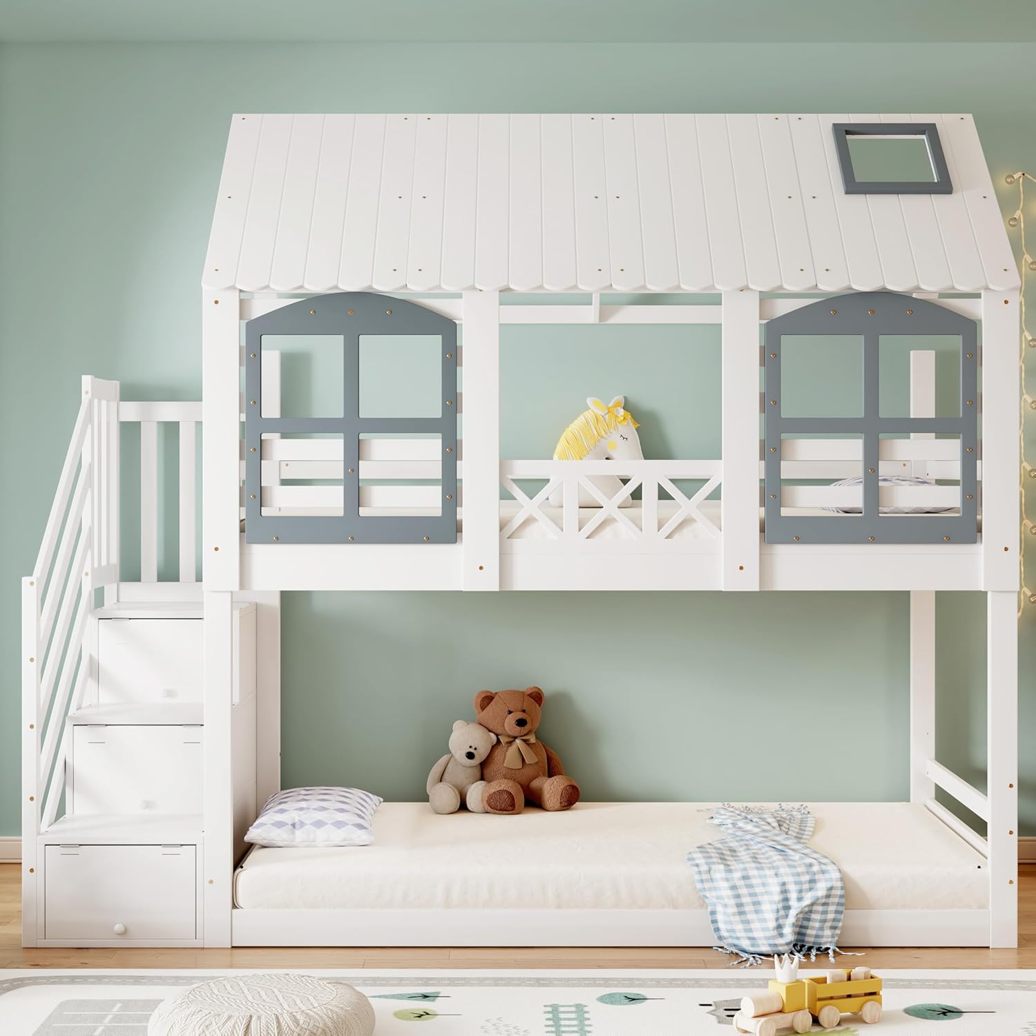 Merax Etagenbett 90x200cm, Kinderbett Hochbett für 2 Kinder, Baumhausbett mit Rausfallschutz & Lattenrost, Hausbett mit Dach & Fenster, Platzsparendes Stockbett mit Stauraumtreppe, Jugendbett, Weiß — Ansicht 3
