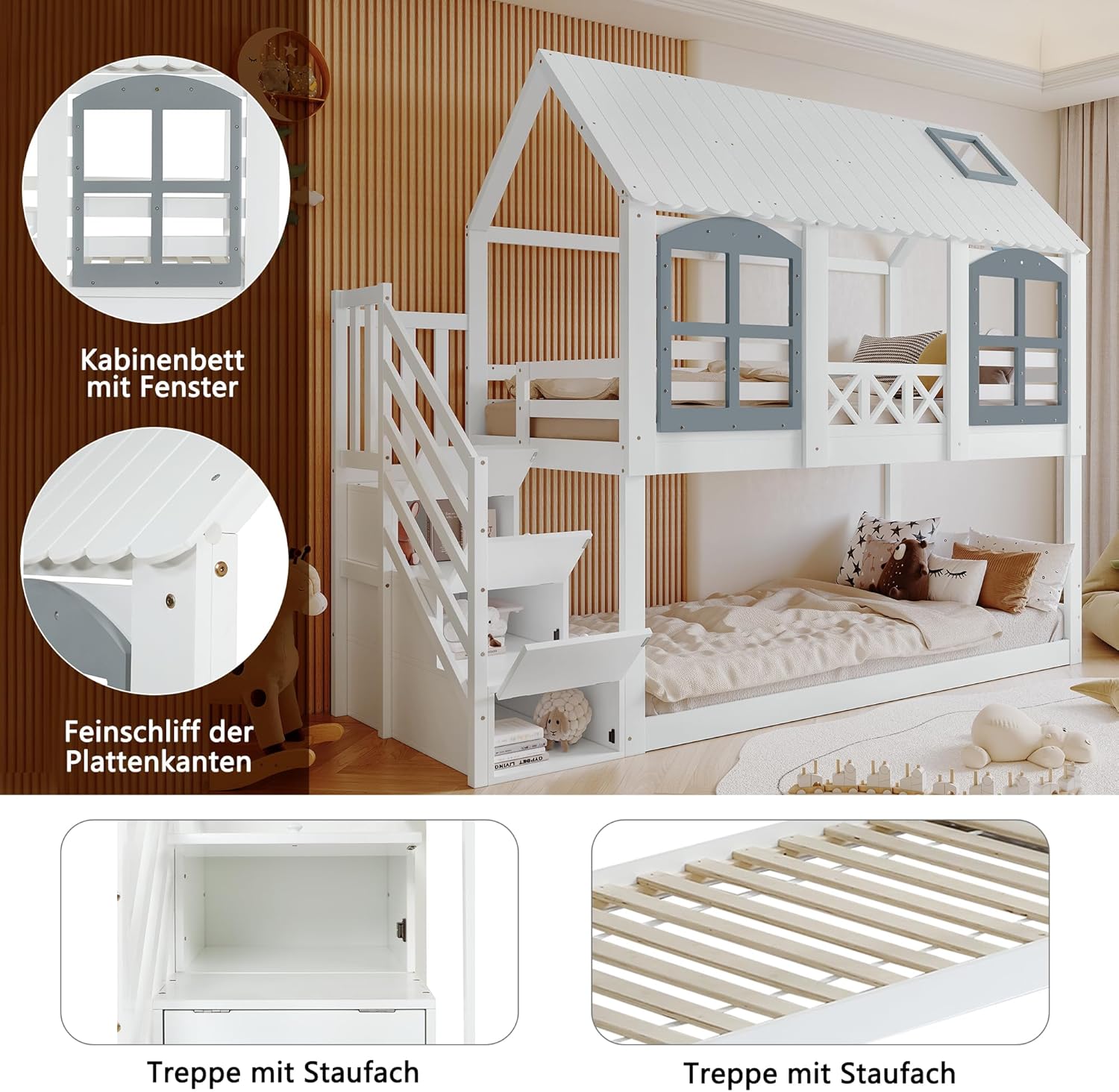 Merax Etagenbett 90x200cm, Kinderbett Hochbett für 2 Kinder, Baumhausbett mit Rausfallschutz & Lattenrost, Hausbett mit Dach & Fenster, Platzsparendes Stockbett mit Stauraumtreppe, Jugendbett, Weiß — Ansicht 5