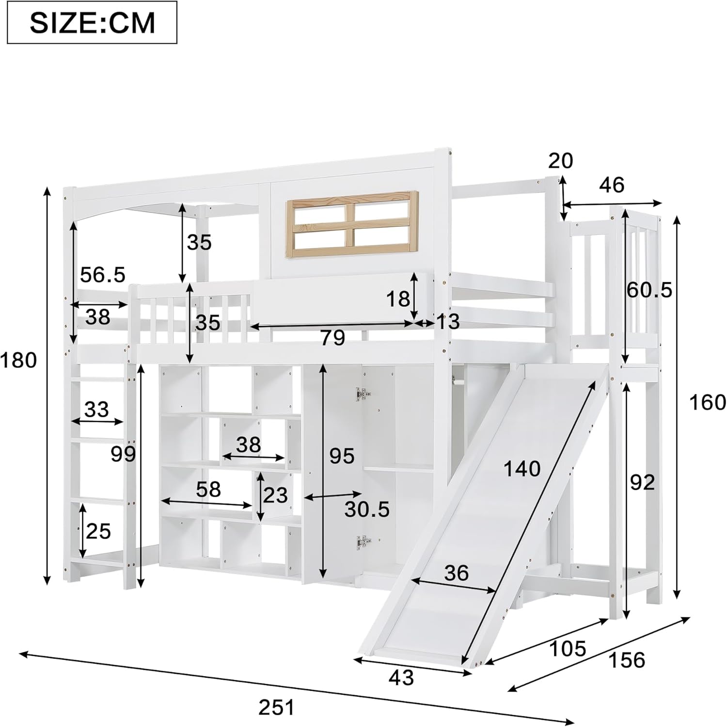 Merax Etagenbett 90x200cm, Kinderbett Hochbett mit Rutsche & Kleiderschrank & Regale, Platzsparendes Stockbett Hausbett mit Lattenrost & Rausfallschutz, Praktisches Jugendbett, Ohne Matratze, Weiß — Ansicht 2