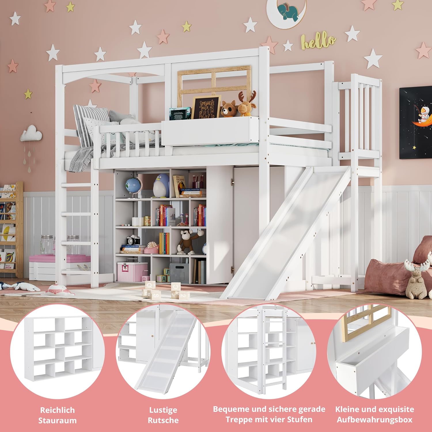 Merax Etagenbett 90x200cm, Kinderbett Hochbett mit Rutsche & Kleiderschrank & Regale, Platzsparendes Stockbett Hausbett mit Lattenrost & Rausfallschutz, Praktisches Jugendbett, Ohne Matratze, Weiß — Ansicht 4
