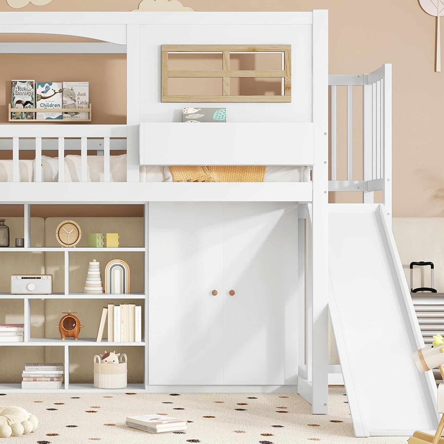 Merax Etagenbett 90x200cm, Kinderbett Hochbett mit Rutsche & Kleiderschrank & Regale, Platzsparendes Stockbett Hausbett mit Lattenrost & Rausfallschutz, Praktisches Jugendbett, Ohne Matratze, Weiß — Ansicht 5