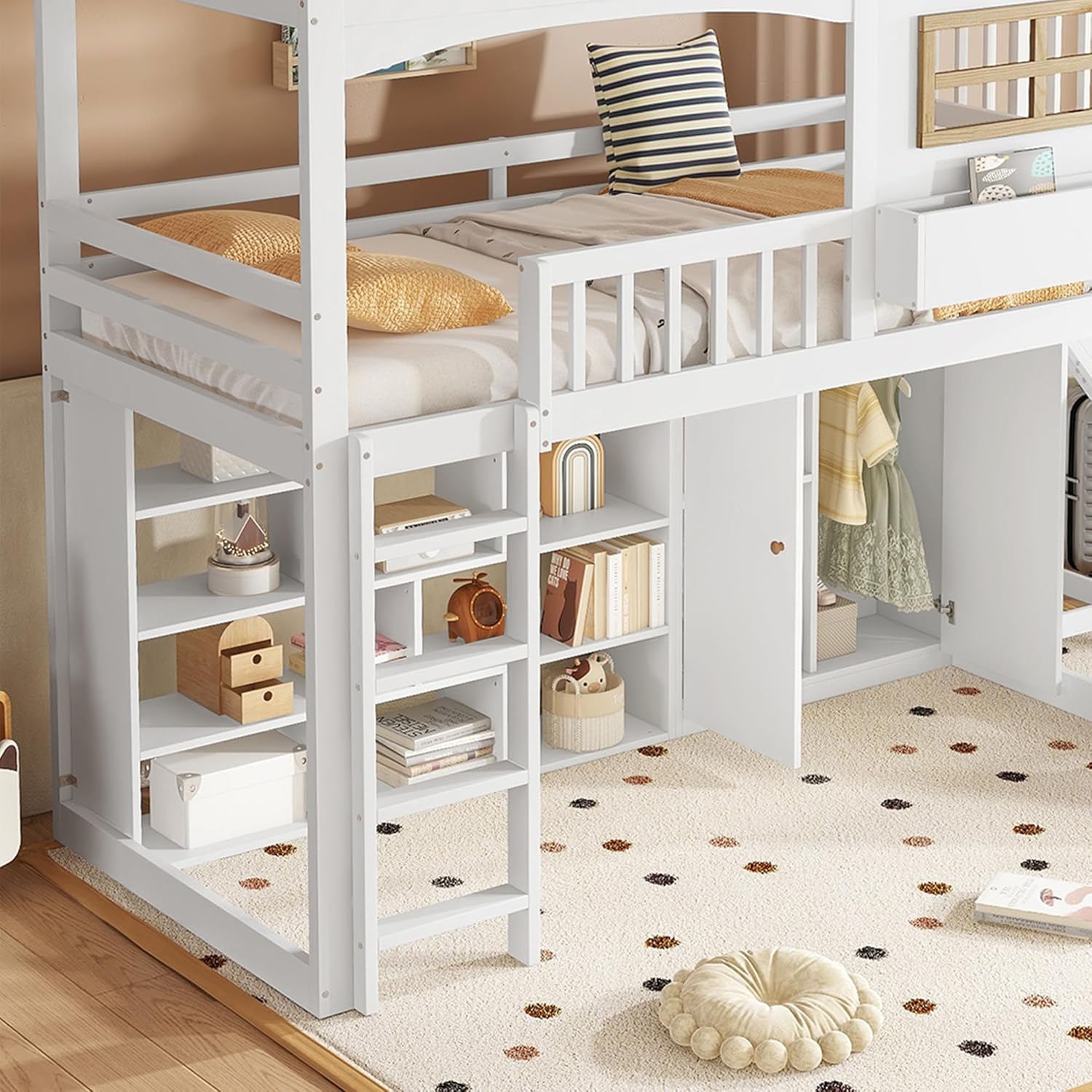 Merax Etagenbett 90x200cm, Kinderbett Hochbett mit Rutsche & Kleiderschrank & Regale, Platzsparendes Stockbett Hausbett mit Lattenrost & Rausfallschutz, Praktisches Jugendbett, Ohne Matratze, Weiß — Ansicht 6
