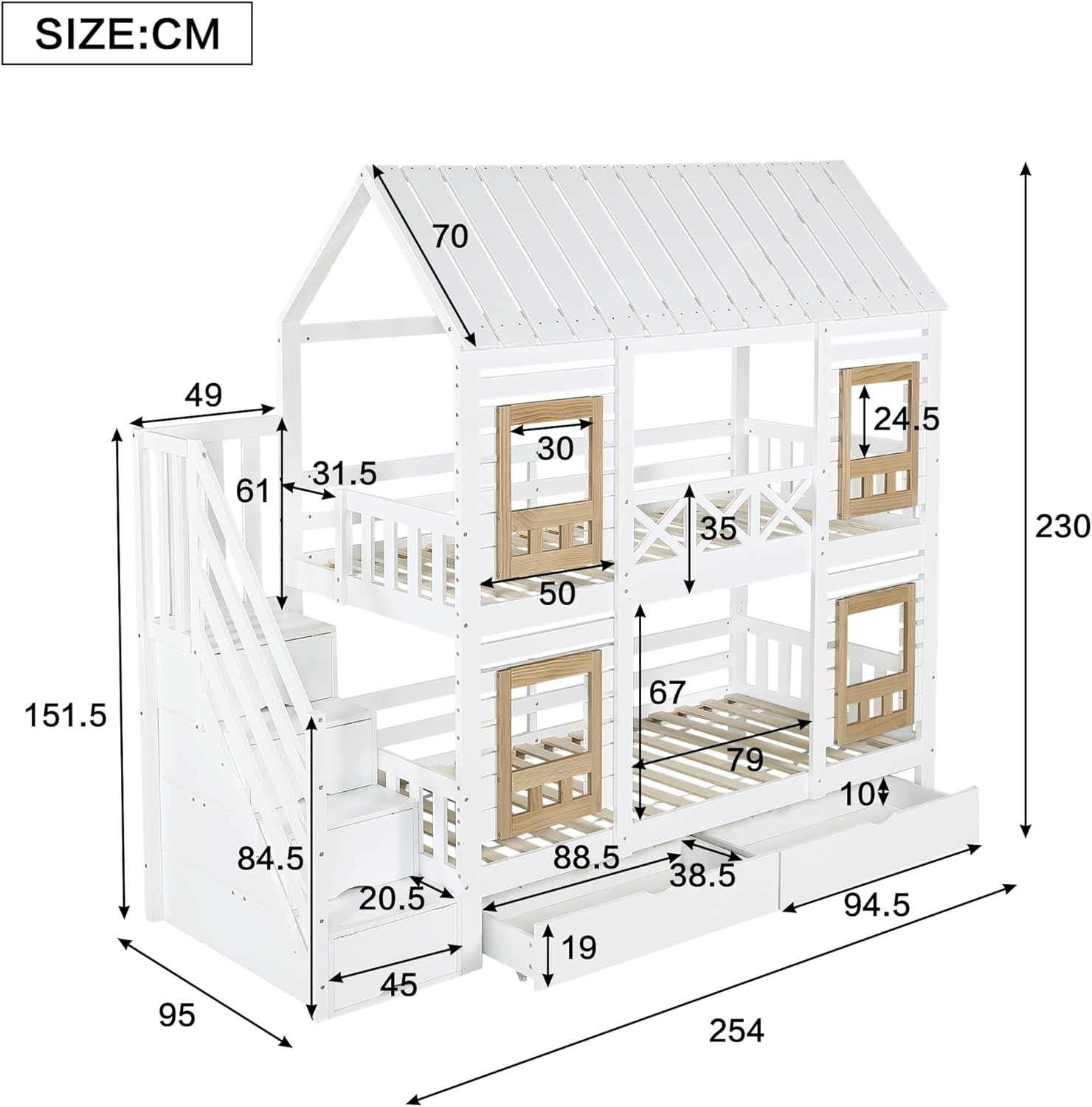 Merax Etagenbett 90x200cm, Kinderbett Hochbett mit Stauraum Treppe & Schubladen, Hausbett mit Dach & Fenster, Platzsparendes Stockbett mit Lattenrost & Rausfallschutz, Jugendbett, Ohne Matratze, Weiß — Ansicht 2