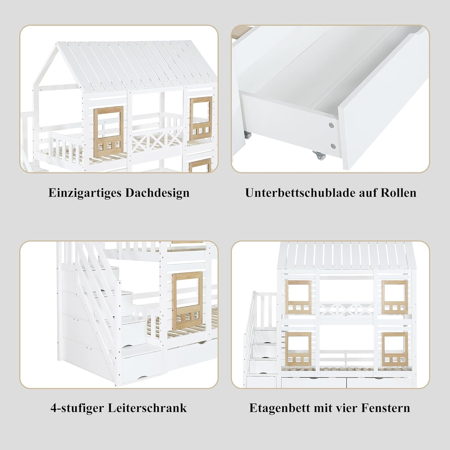 Merax Etagenbett 90x200cm, Kinderbett Hochbett mit Stauraum Treppe & Schubladen, Hausbett mit Dach & Fenster, Platzsparendes Stockbett mit Lattenrost & Rausfallschutz, Jugendbett, Ohne Matratze, Weiß — Ansicht 5
