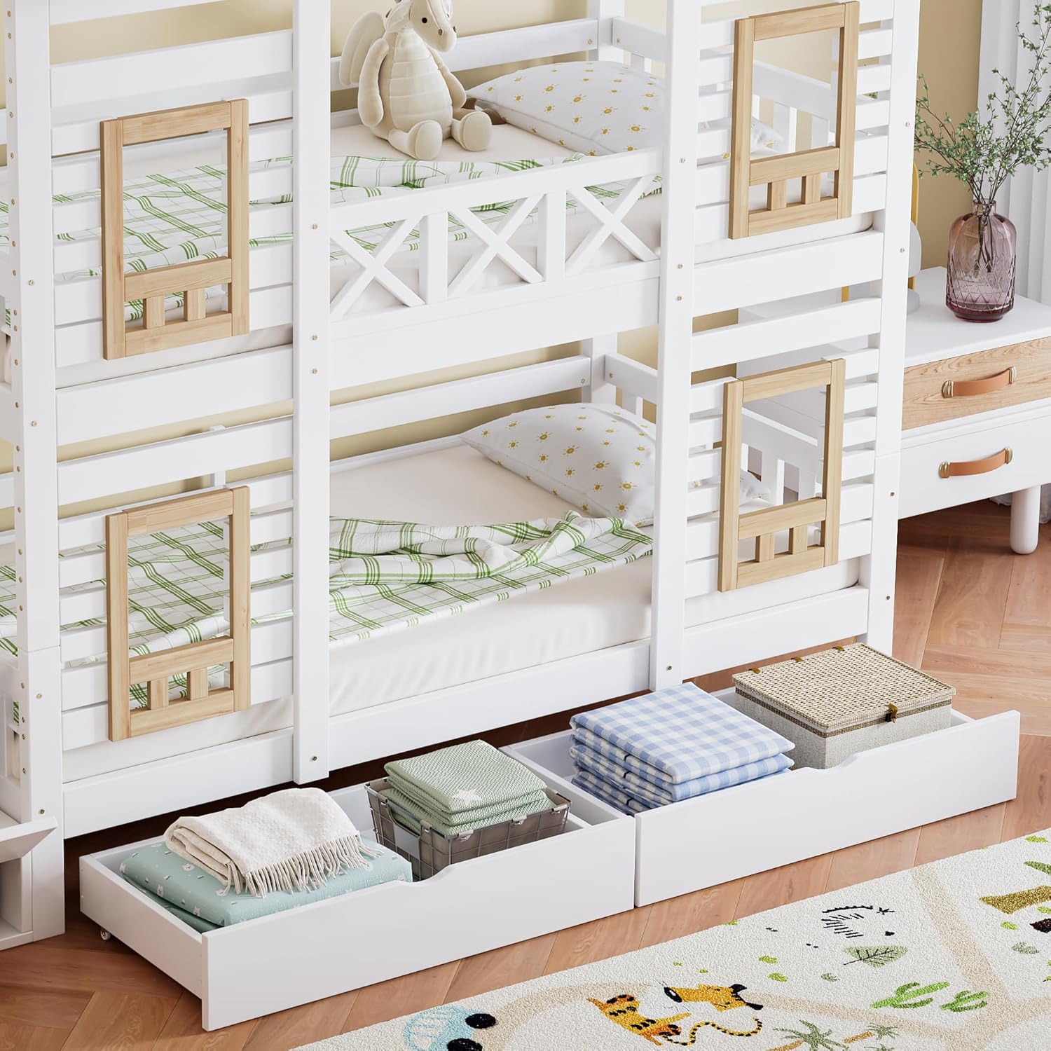 Merax Etagenbett 90x200cm, Kinderbett Hochbett mit Stauraum Treppe & Schubladen, Hausbett mit Dach & Fenster, Platzsparendes Stockbett mit Lattenrost & Rausfallschutz, Jugendbett, Ohne Matratze, Weiß — Ansicht 6
