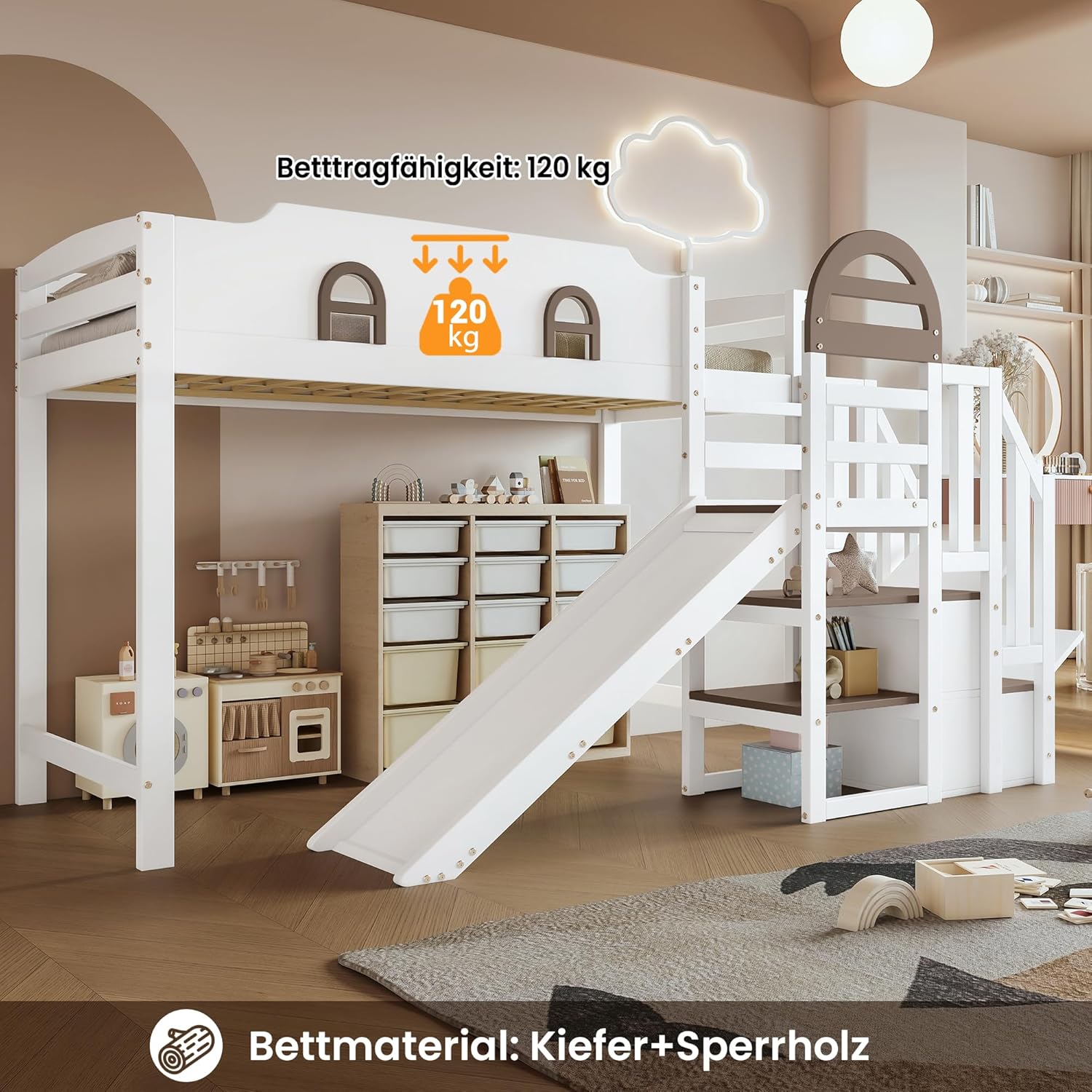 Merax Etagenbett 90x200cm, Kinderbett Hochbett mit Stauraumtreppe & Rutsche & Rausfallschutz, Platzsparendes Stockbett mit Lattenrost & Fenster, Funktionsbett für Jugend, Ohne Matratze, Weiß & Braun — Ansicht 4