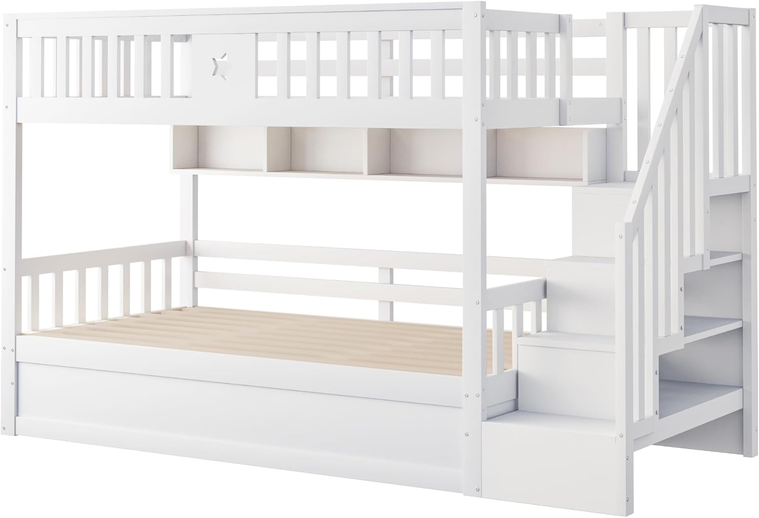 Merax Etagenbett aus Holz, 90 x 200 cm, mit Regalen und hydraulischer Aufbewahrungstreppe, Hochbett mit Sicherheitsgeländer, Weiß (ohne Matratze) — Ansicht 5
