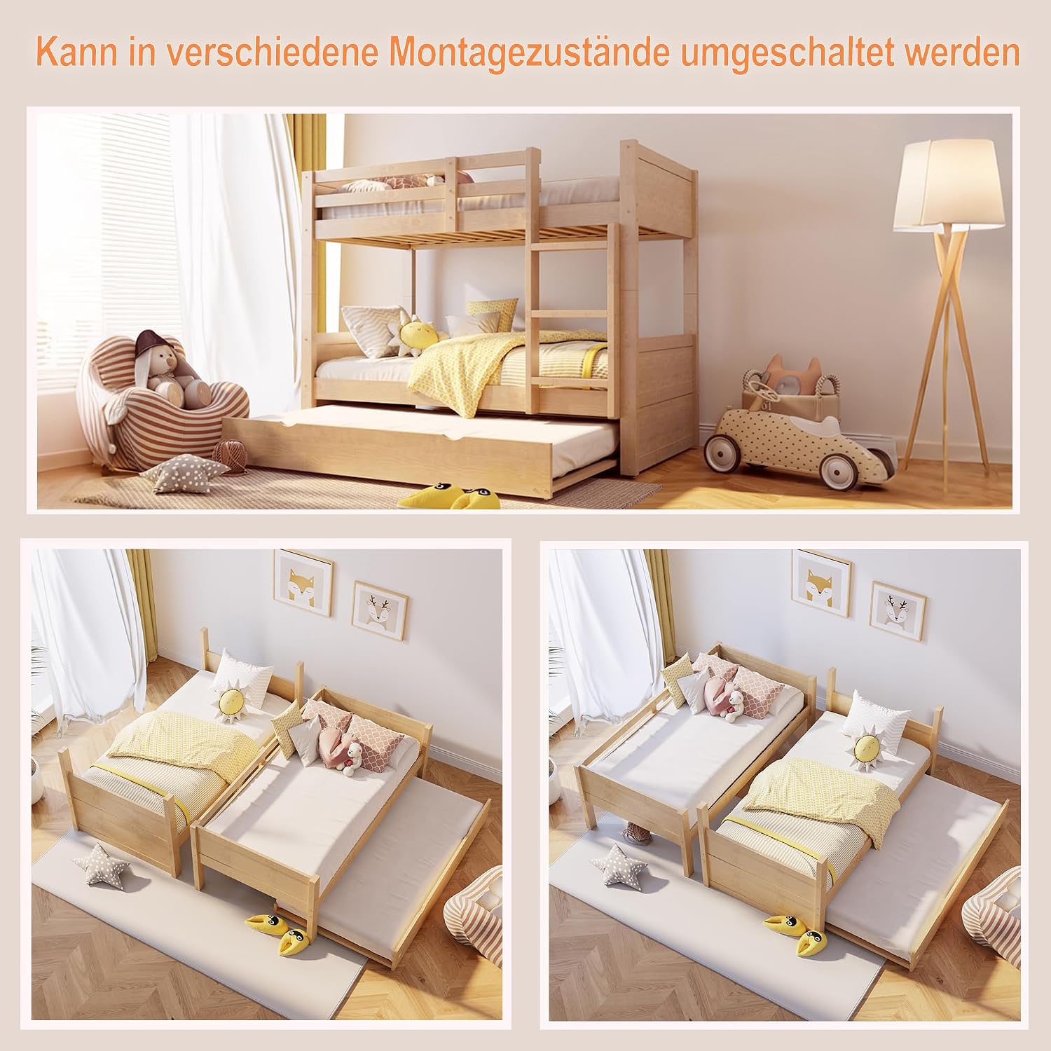 Merax Etagenbett aus Holz 90x200 cm mit ausziehbarem Bettrahmen, umwandelbar in Einzelbetten – Sicherheitsgeländer, Leiter, Holz (Ohne Matratze) — Ansicht 4