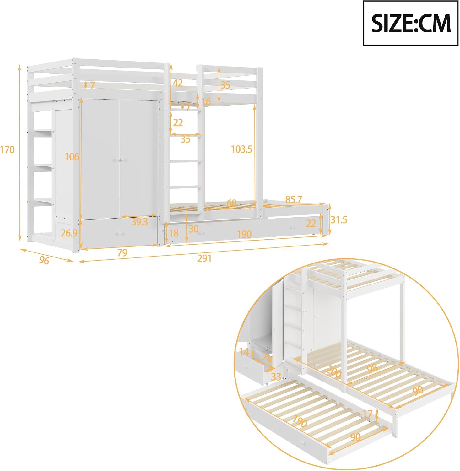 Merax Etagenbett aus Massivholz 90x200 cm mit Ausziehbett, Kleiderschrank, Schubladen und Ablagefach, Weiß - Ohne Matratze — Ansicht 2