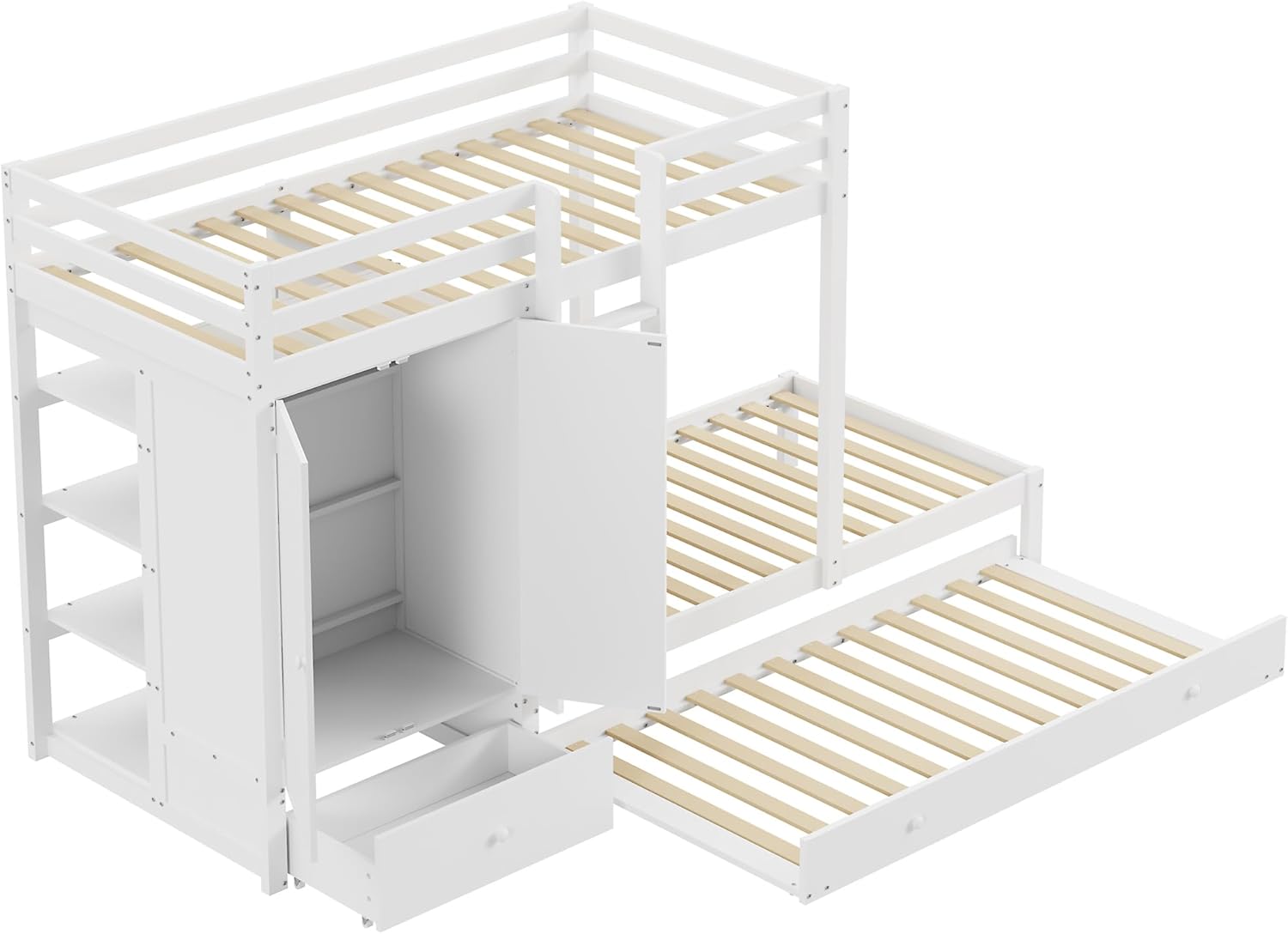 Merax Etagenbett aus Massivholz 90x200 cm mit Ausziehbett, Kleiderschrank, Schubladen und Ablagefach, Weiß - Ohne Matratze — Ansicht 5