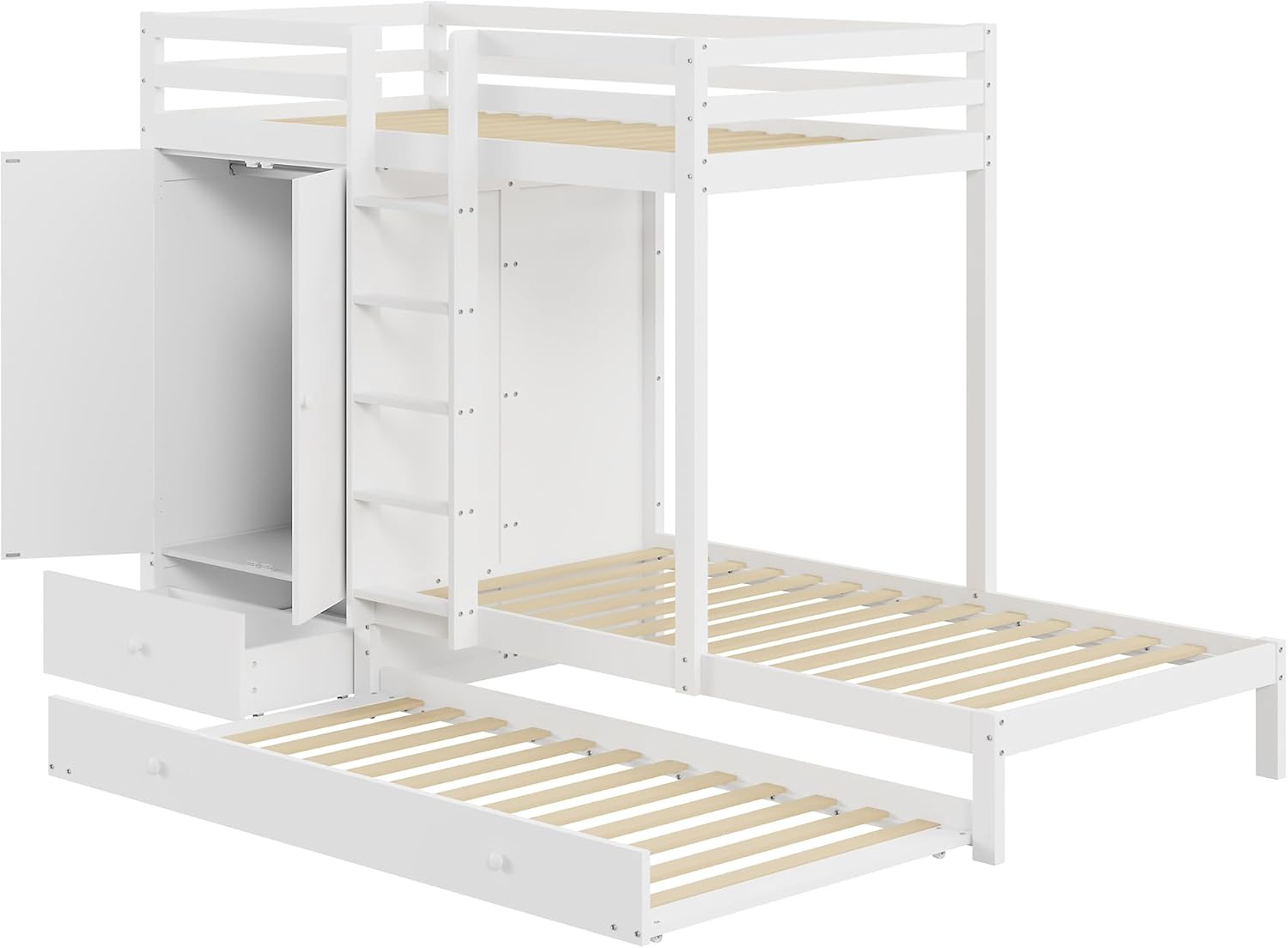 Merax Etagenbett aus Massivholz 90x200 cm mit Ausziehbett, Kleiderschrank, Schubladen und Ablagefach, Weiß - Ohne Matratze — Ansicht 6