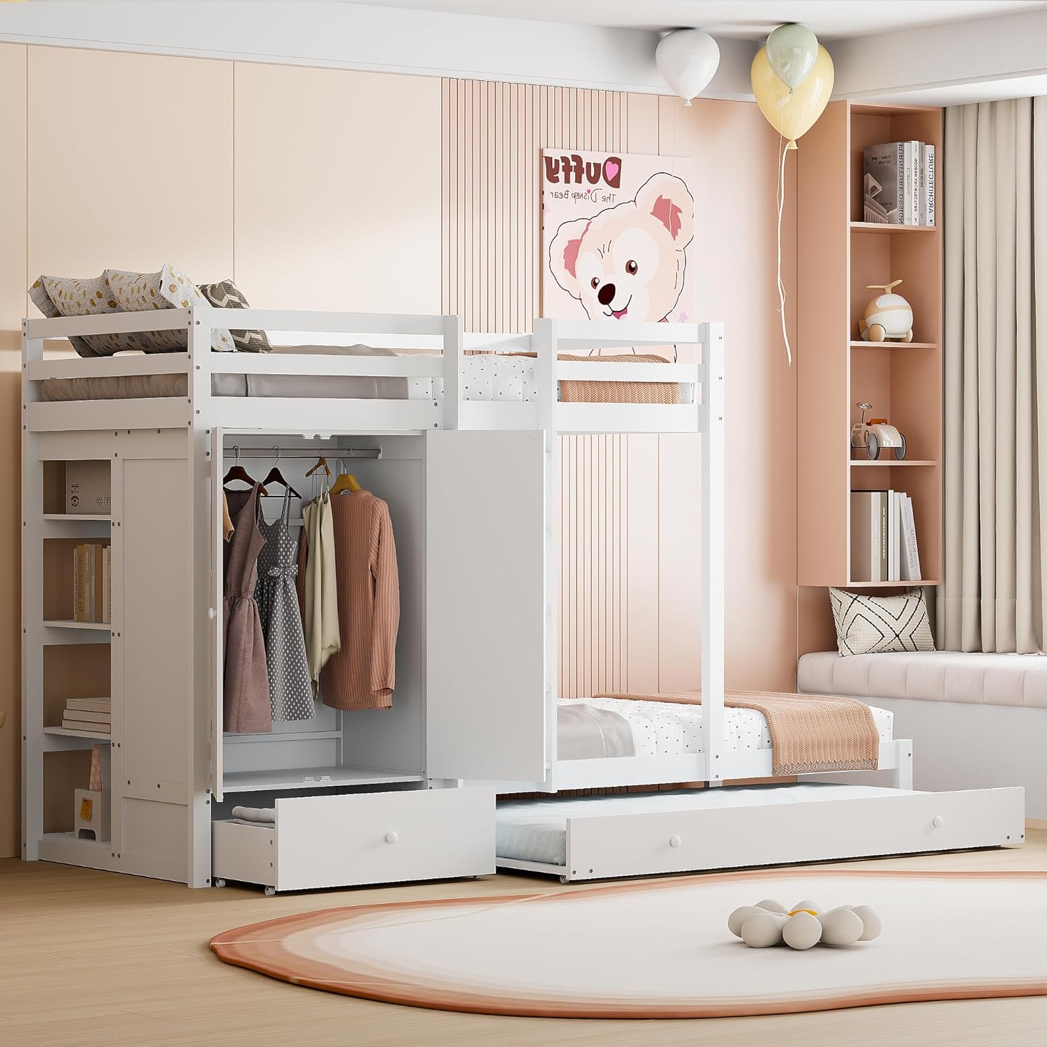 Merax Etagenbett aus Massivholz 90x200 cm mit Ausziehbett, Kleiderschrank, Schubladen und Ablagefach, Weiß - Ohne Matratze