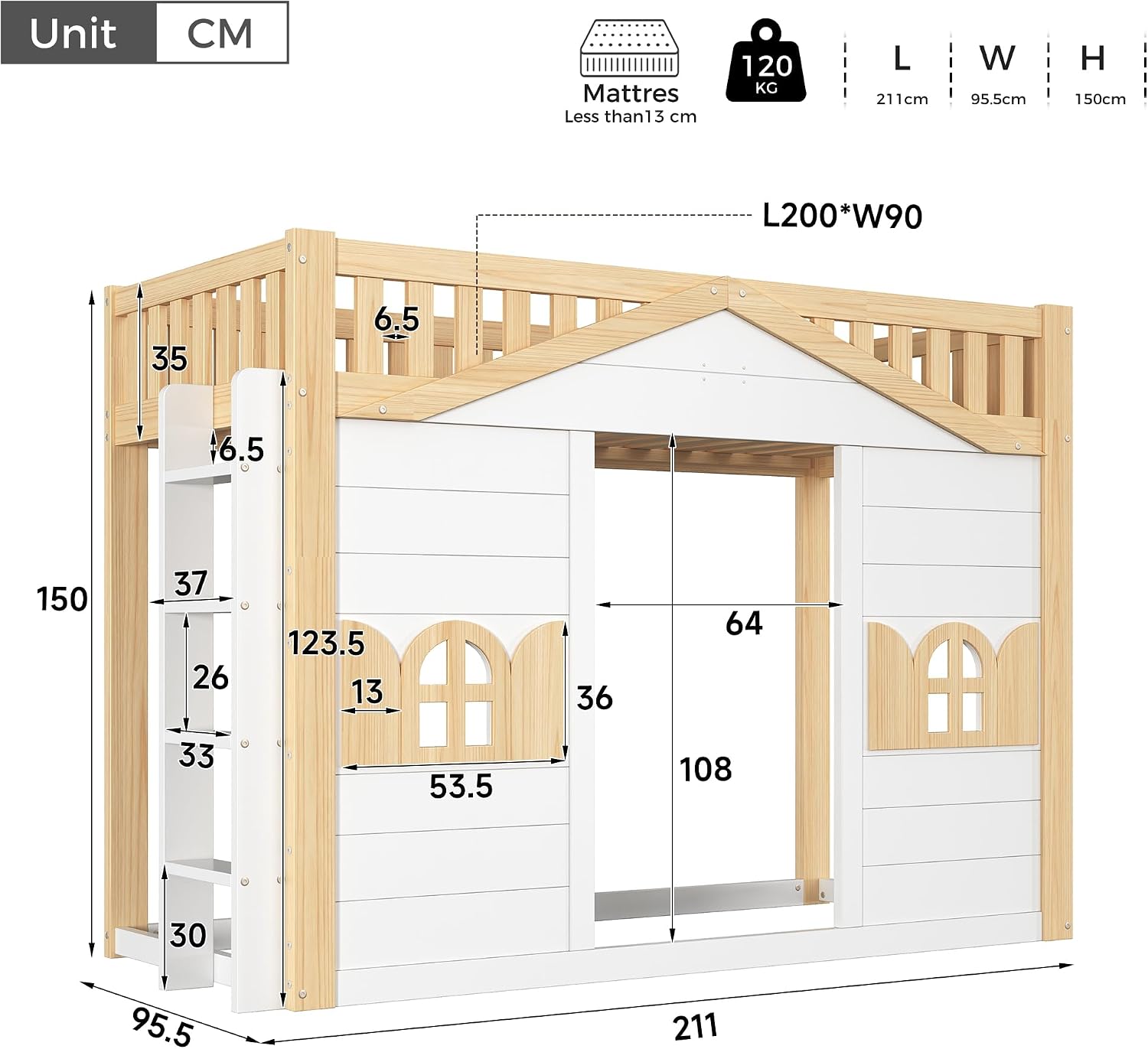 Merax Etagenbett Hausbett 90x200 cm mit Fenster-Form, umbaubar – Weiß+Natur (Ohne Matratze, Kein Schreibtisch) — Ansicht 2