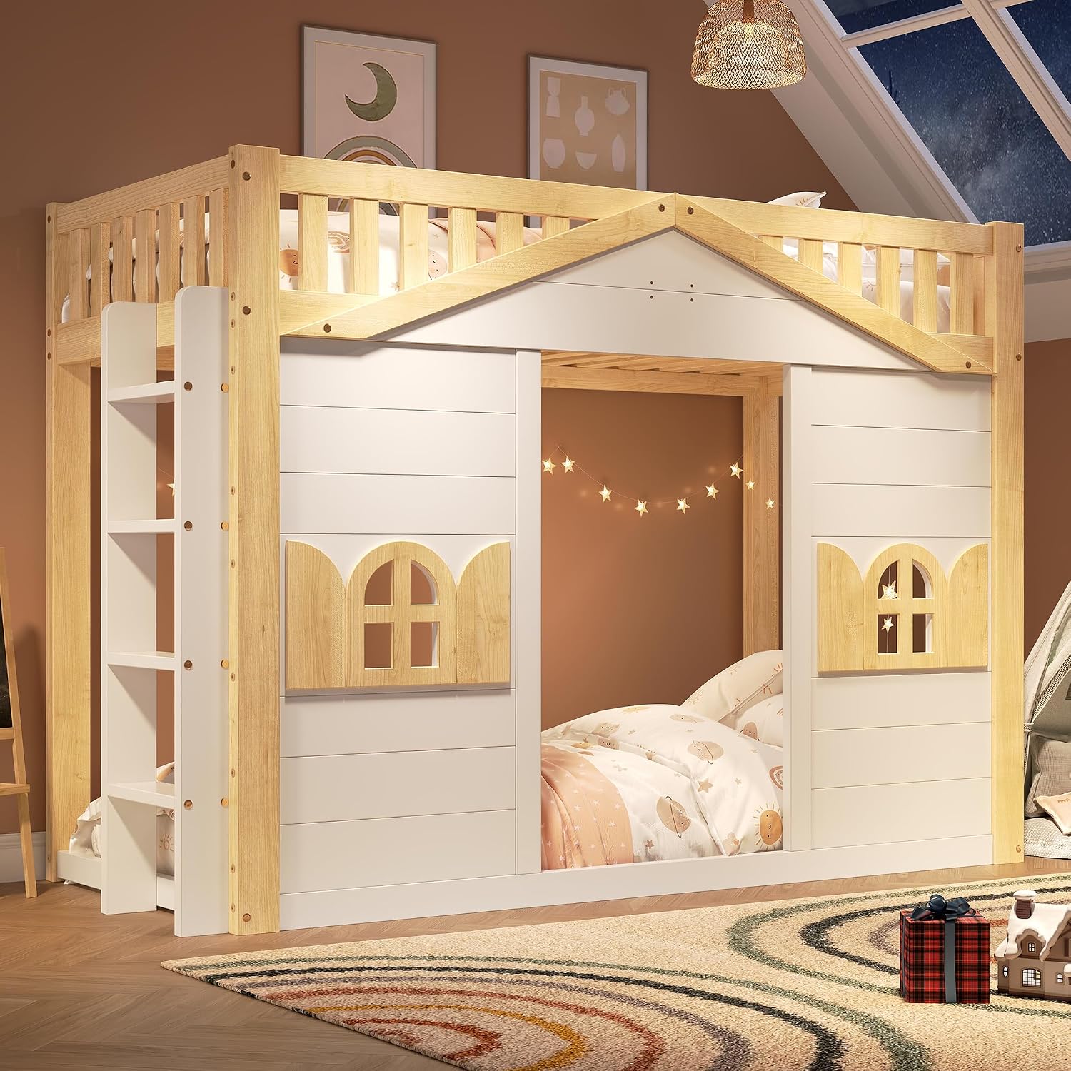 Merax Etagenbett Hausbett 90x200 cm mit Fenster-Form, umbaubar – Weiß+Natur (Ohne Matratze, Kein Schreibtisch)