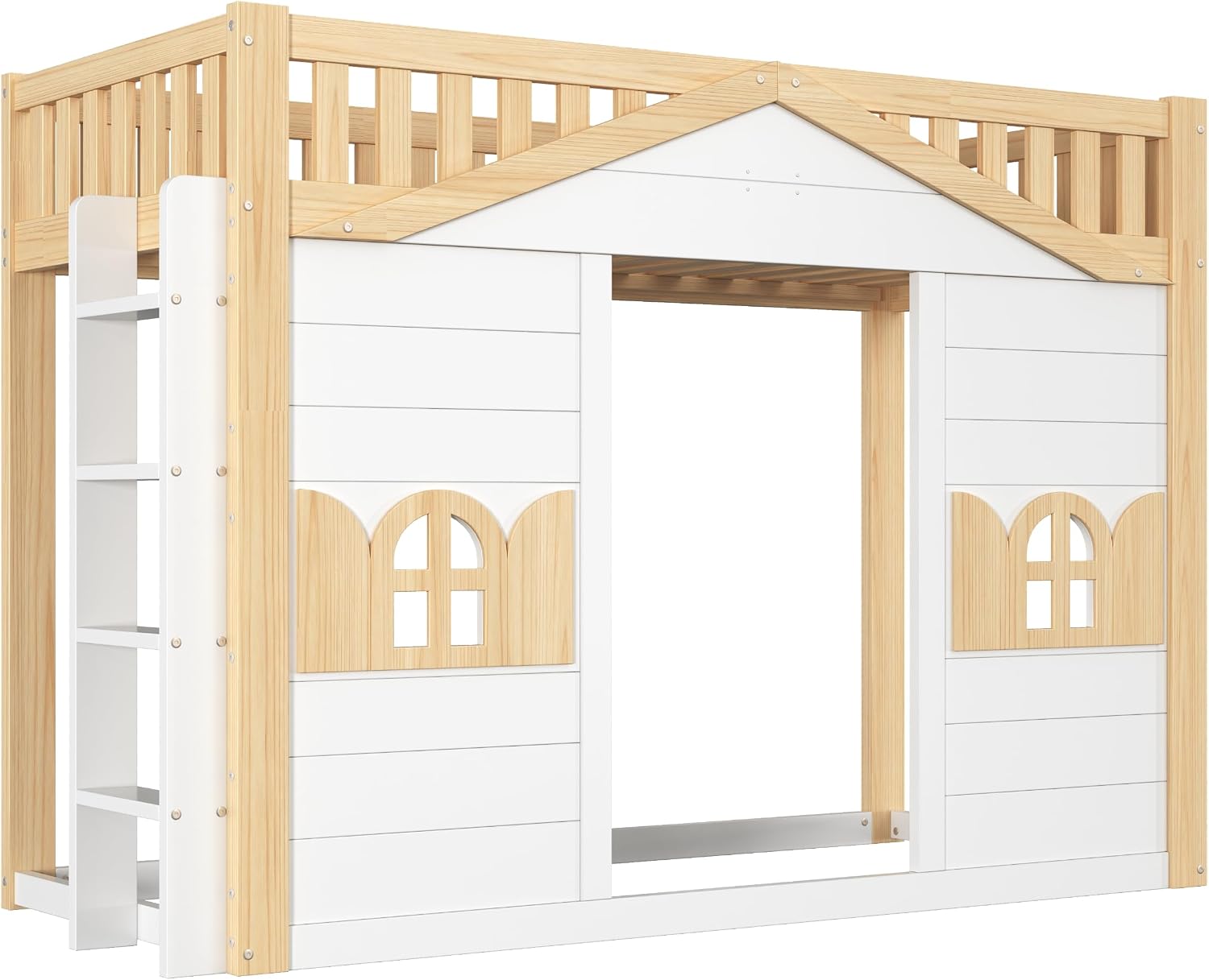 Merax Etagenbett Hausbett 90x200 cm mit Fenster-Form, umbaubar – Weiß+Natur (Ohne Matratze, Kein Schreibtisch) — Ansicht 5