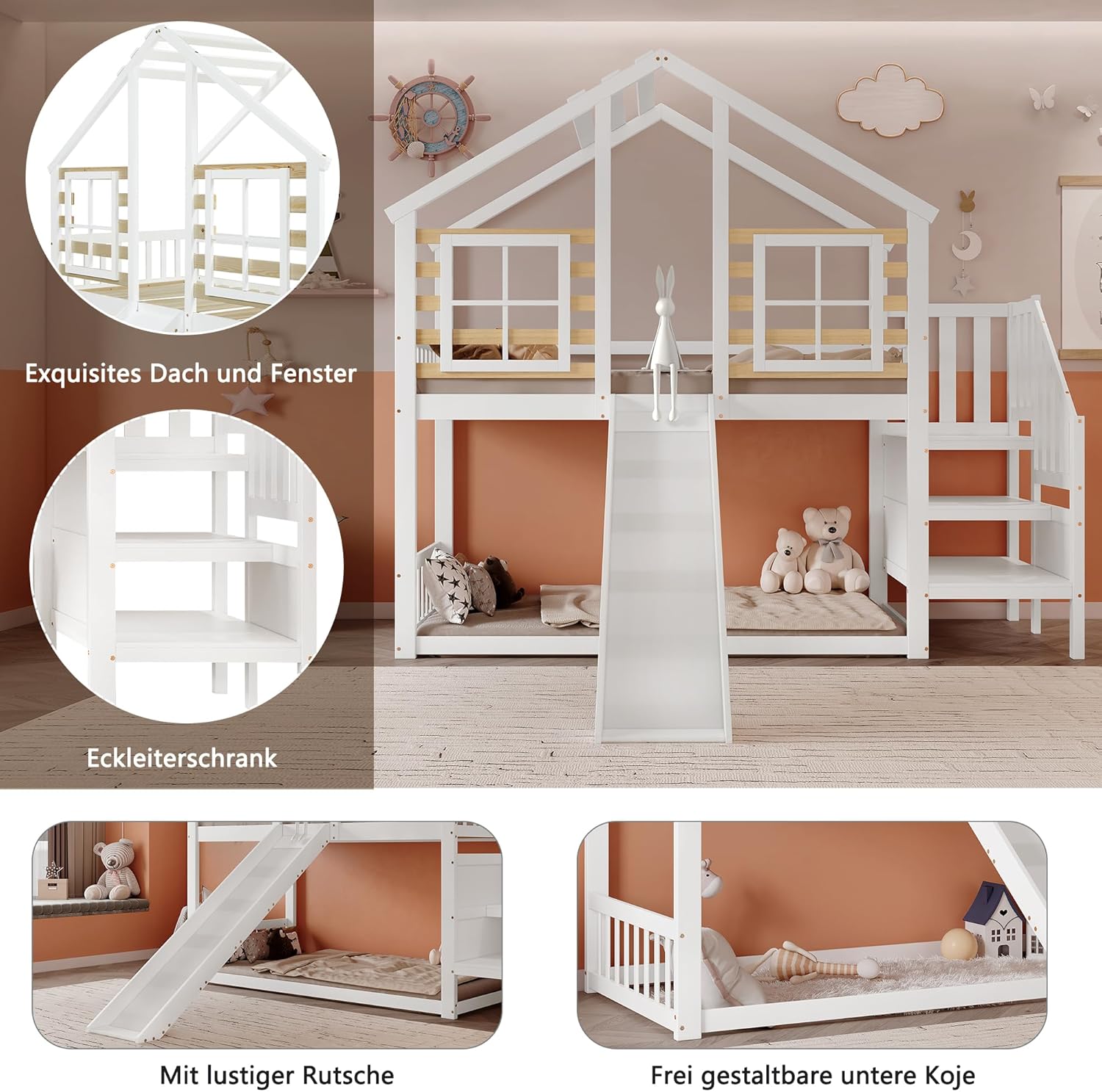 Merax Etagenbett Holzbett Blockhaus Kinderbett mit Rutsche, Fenster und Absturzsicherung - Massivholz Etagenbett in Weiß (90x200 cm) — Ansicht 6