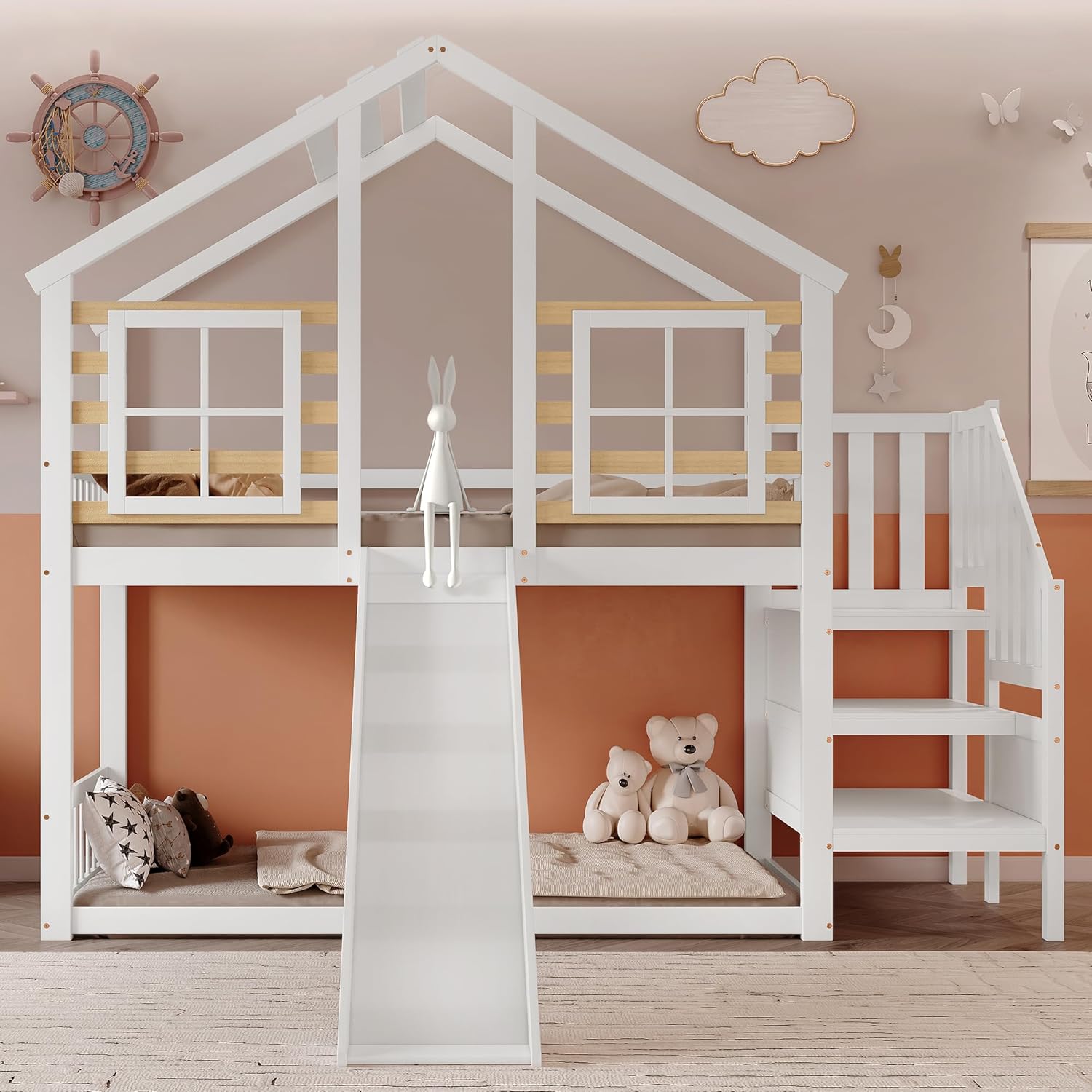 Merax Etagenbett Holzbett Blockhaus Kinderbett mit Rutsche, Fenster und Absturzsicherung - Massivholz Etagenbett in Weiß (90x200 cm)