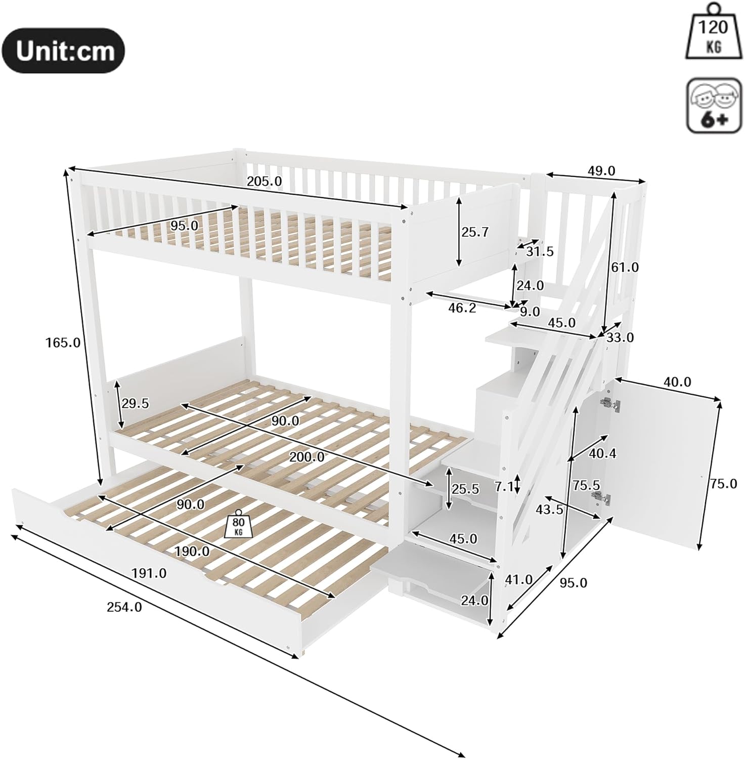 Merax Etagenbett Kinderbett 90x200 cm, Hochbett mit Ausziehbett, Kleiderschrank, Ablageleiter und Regal - Bettgestell mit Lattenrost (ohne Matratze), aus Kiefernholz, Weiß — Ansicht 2