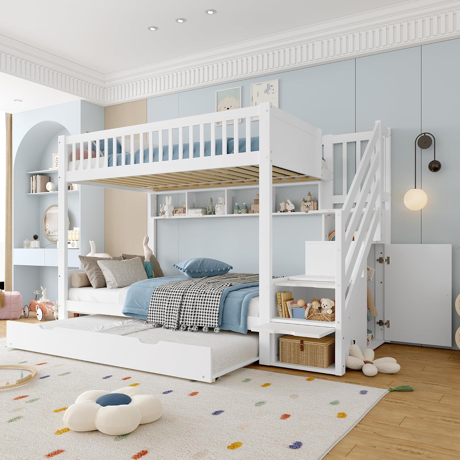 Merax Etagenbett Kinderbett 90x200 cm, Hochbett mit Ausziehbett, Kleiderschrank, Ablageleiter und Regal - Bettgestell mit Lattenrost (ohne Matratze), aus Kiefernholz, Weiß — Ansicht 3