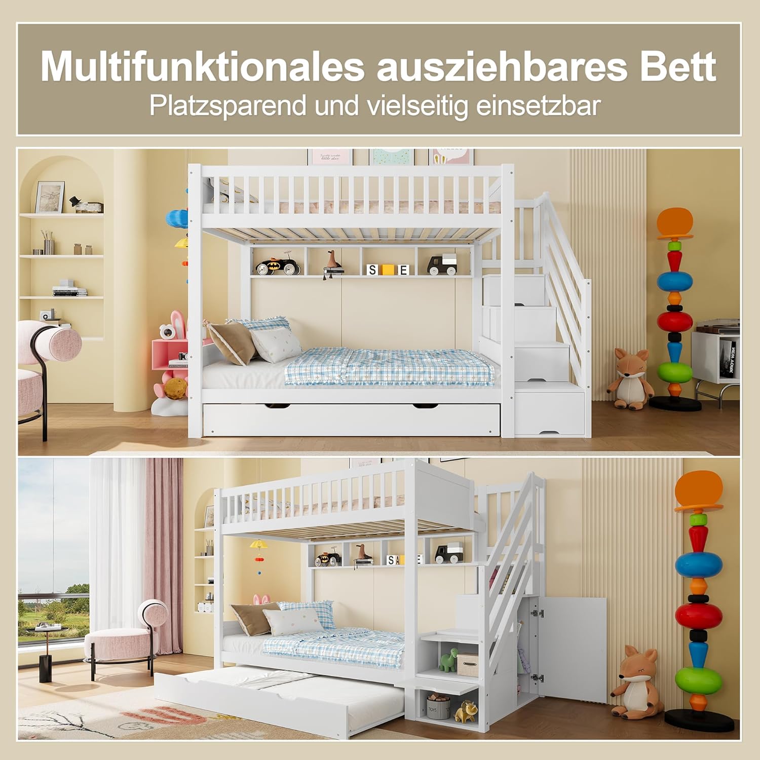 Merax Etagenbett Kinderbett 90x200 cm, Hochbett mit Ausziehbett, Kleiderschrank, Ablageleiter und Regal - Bettgestell mit Lattenrost (ohne Matratze), aus Kiefernholz, Weiß — Ansicht 5