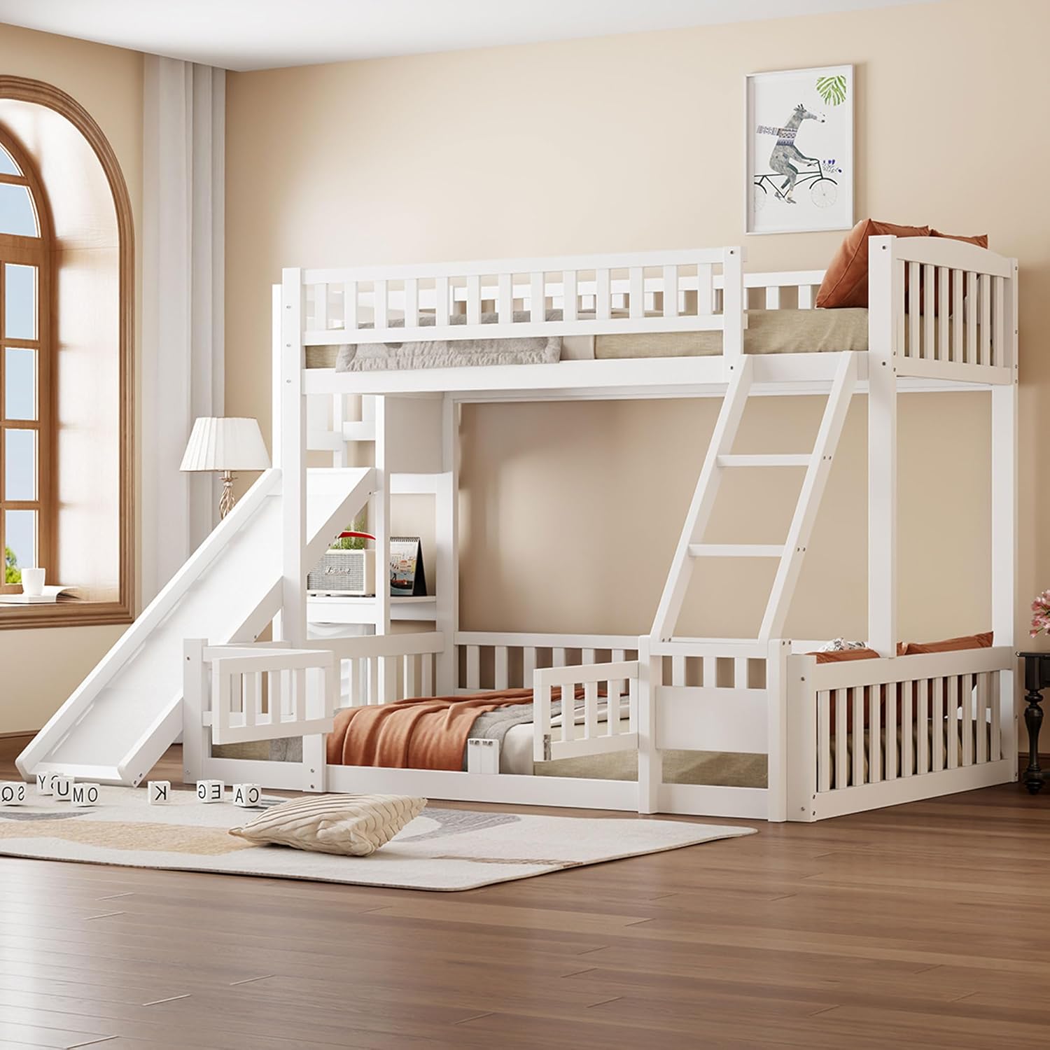 Merax Etagenbett Kinderbett 90x200 und 140x200, Hochbett mit Rutsche und Stufen, Mehrere Regale, Bettgestell mit Lattenrost und Ausziehbare kleine Tür(ohne Matratze), Weiß — Ansicht 6