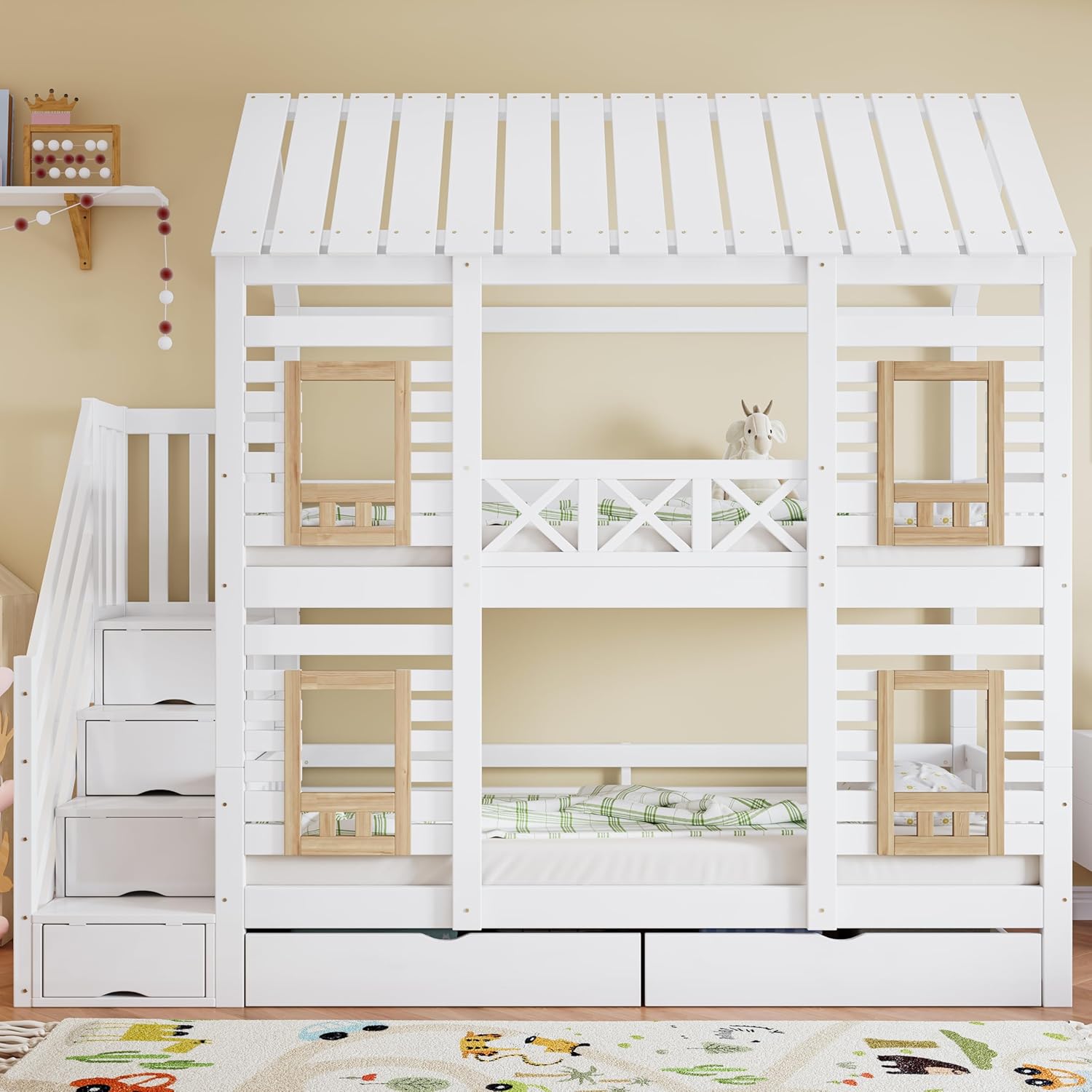 Merax Etagenbett Kinderbett Holzbett 90x200 cm mit Fenster, Stauraumtreppe mit 4 Ablagefächern, Zwei Schubladen mit Rollen, Weiß+Natur, Kiefer+MDF, EN747 Zertifiziert -Ohne Matratze — Ansicht 2