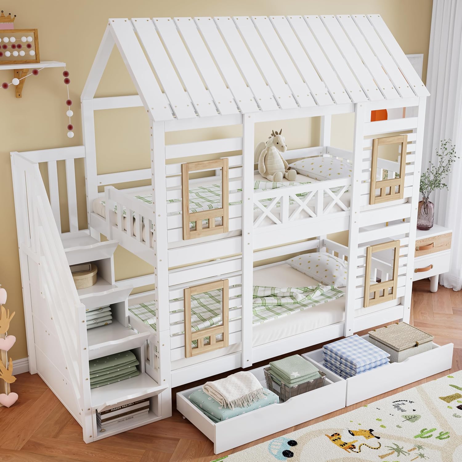 Merax Etagenbett Kinderbett Holzbett 90x200 cm mit Fenster, Stauraumtreppe mit 4 Ablagefächern, Zwei Schubladen mit Rollen, Weiß+Natur, Kiefer+MDF, EN747 Zertifiziert -Ohne Matratze — Ansicht 3